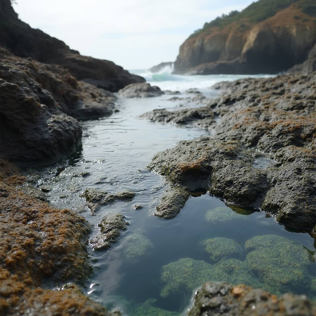 Early morning tide pool scene with intricate rock formations and small marine life at Natural Bridges State Beach under diffused lighting