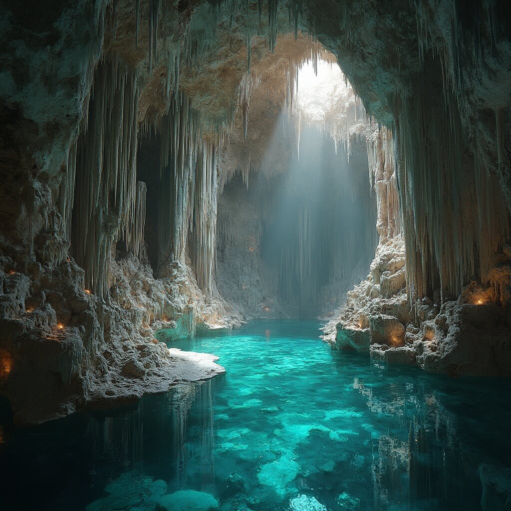 Breathtaking underground cavern with massive stalagmites, stalactites, intricate formations, soft ambient lighting, geological textures, depth, and water pools reflecting stunning rock structures.