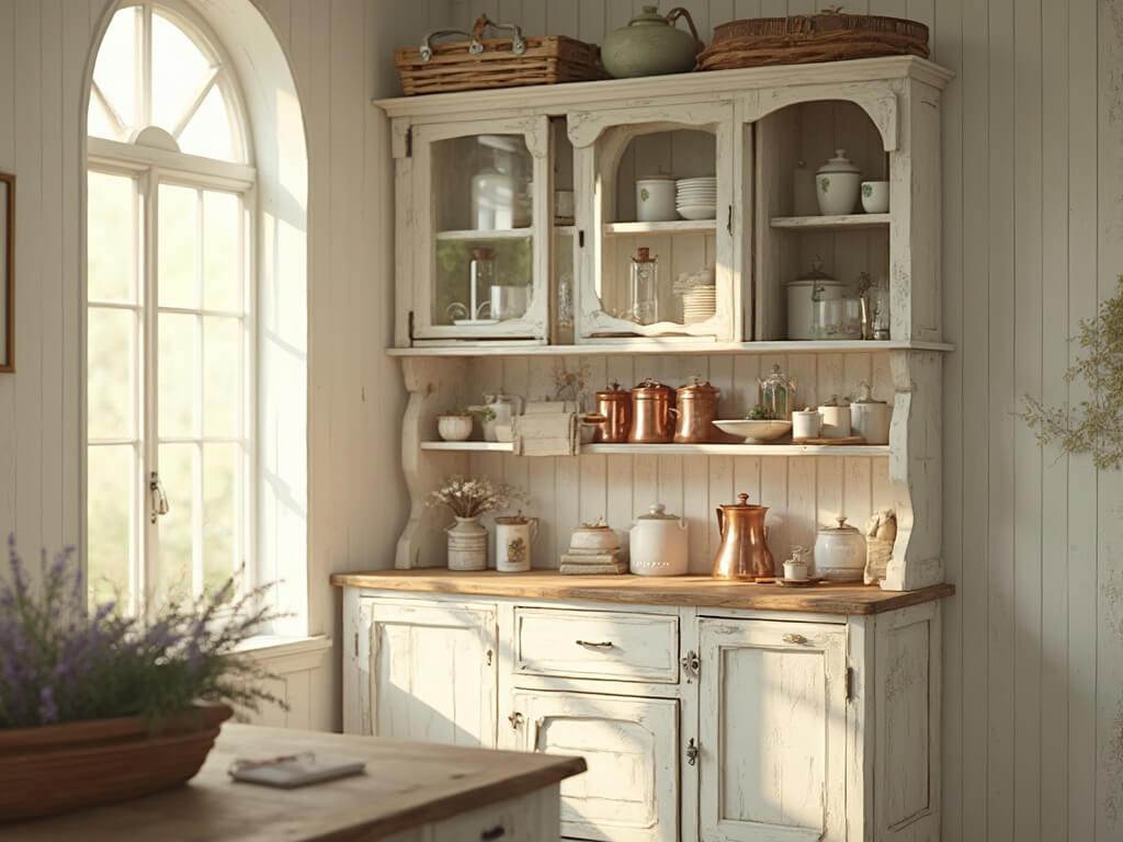 "Vintage farmhouse kitchen hutch displaying white pottery, copper vessels, and glass canisters; styled with lavender sprigs, antique enamelware, and brass accents in golden morning light."
