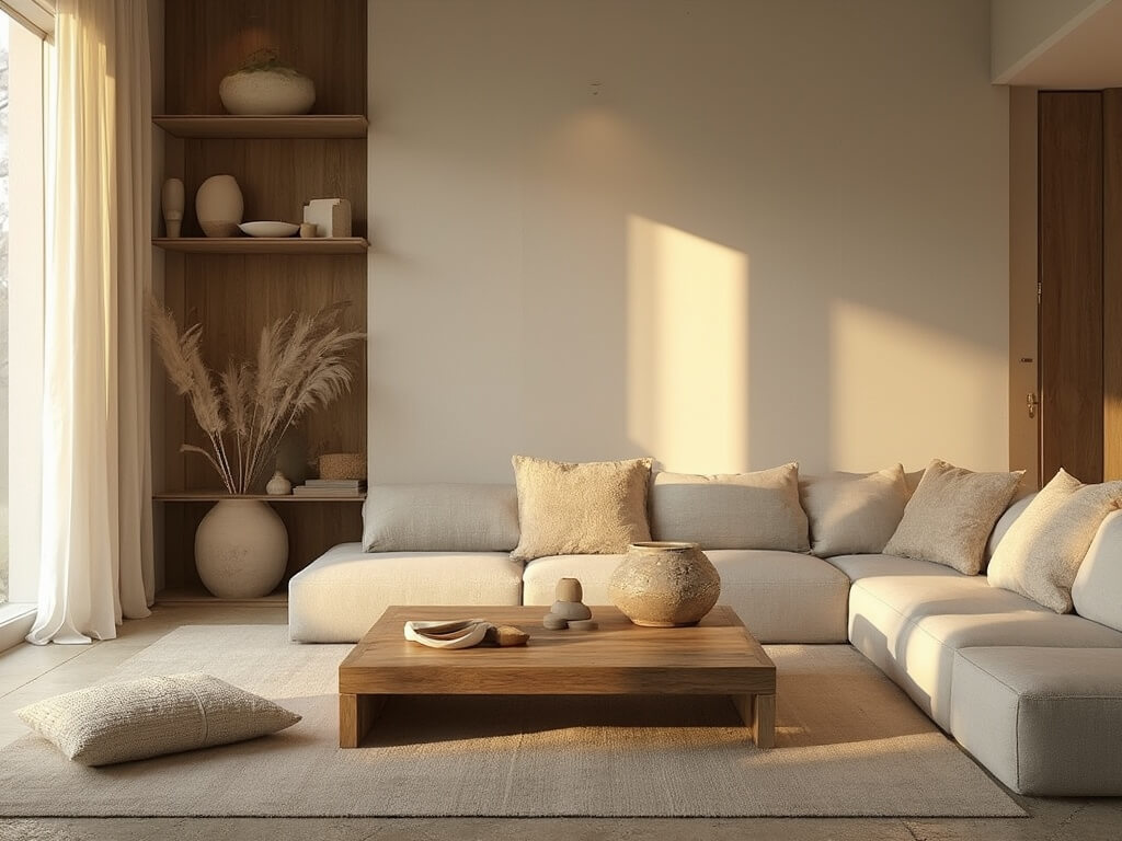 "Wabi-Sabi inspired living room with natural textures and muted tones highlighted by golden hour sunlight"