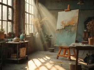 "Wabi-sabi art studio with textured artwork, natural materials, vintage furniture, and sunlit industrial windows"