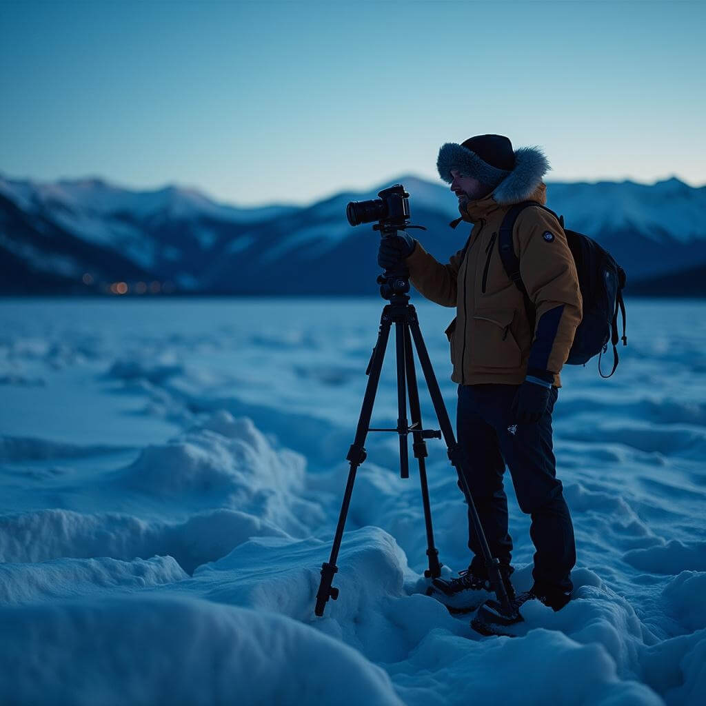 Photographer in winter gear with camera on tripod in snowy landscape during twilight