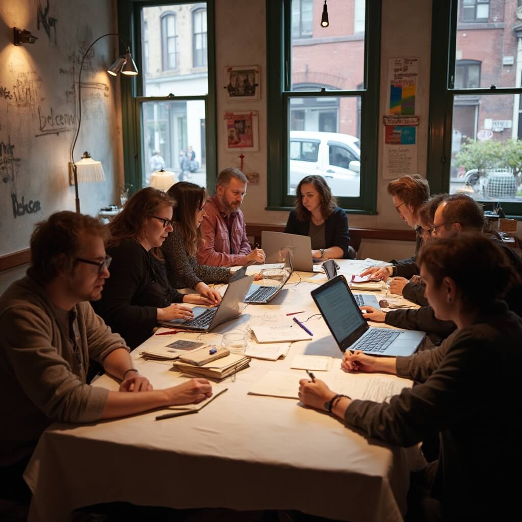 Diverse group of writers collaborating at GrubStreet's Fabulist Cafe with opened laptops, scattered notebooks, and writing materials on table