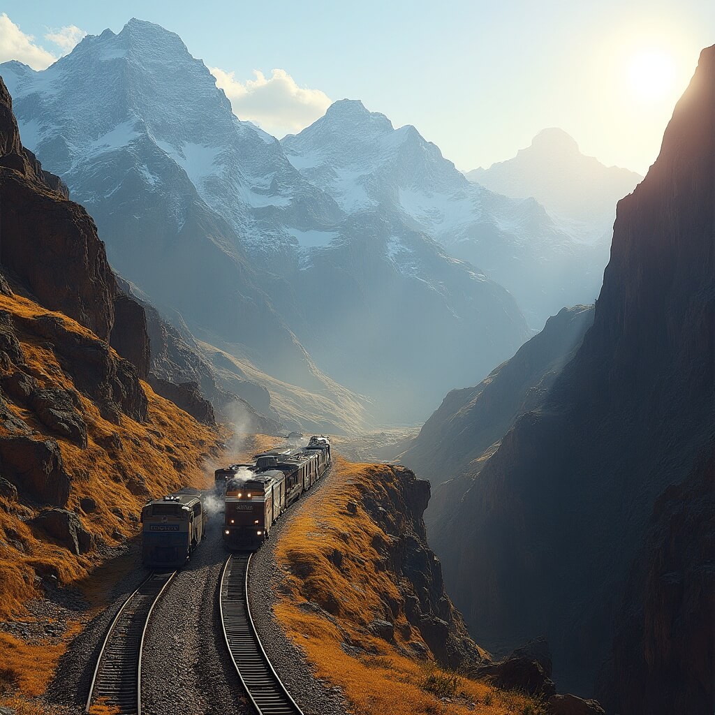 California Zephyr train journeying through the Rocky Mountains, sunlit rails with snow-capped peaks and rocky terrain backdrop