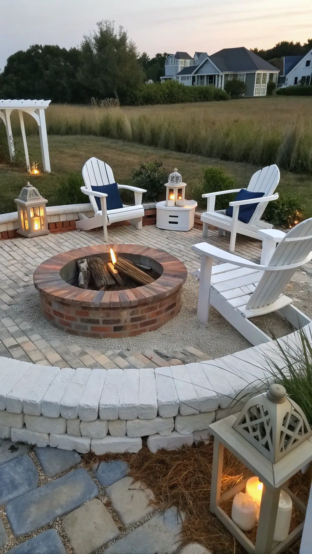 Coastal style crushed shell patio with white Adirondack chairs, brick fire pit, and nautical decor in evening light.