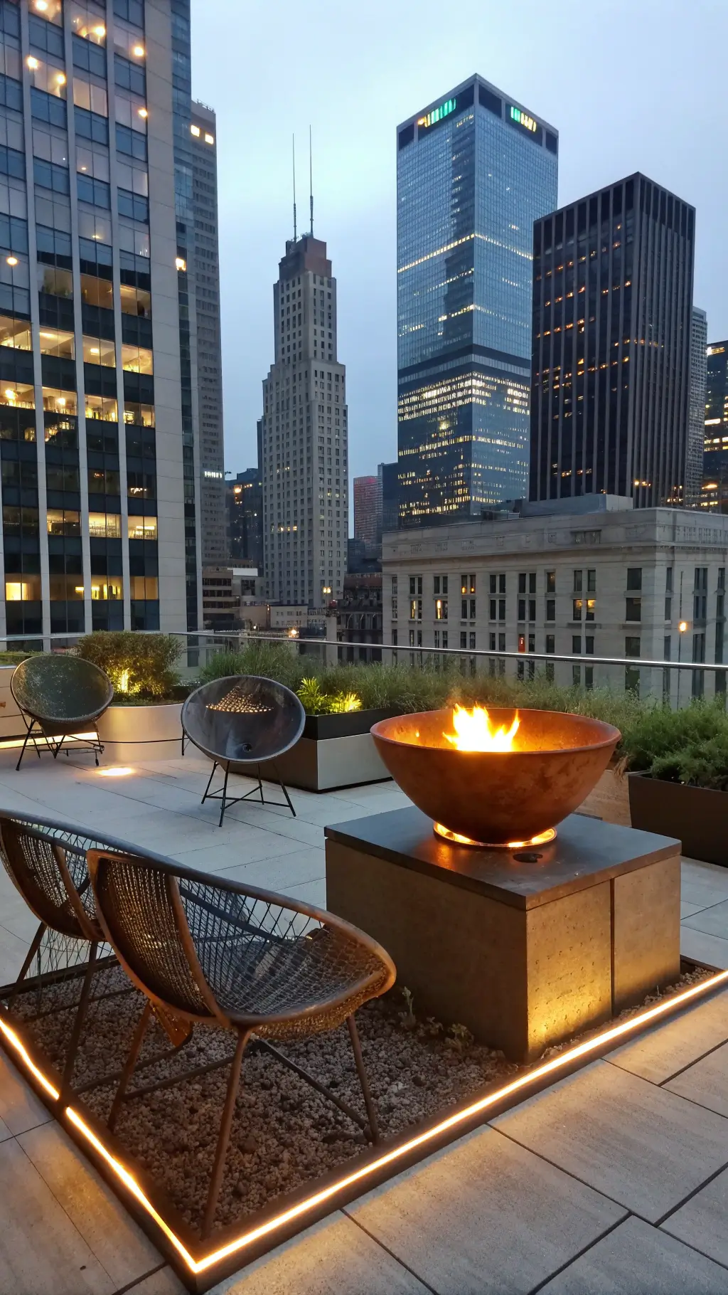 Urban rooftop terrace with steel fire bowl, metal mesh chairs, LED lights, and geometric planters against city skyline at blue hour.