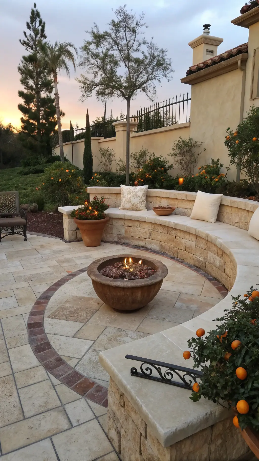 Mediterranean villa patio with travertine stone, raised fire pit with copper bowl, curved benches with ivory cushions, and terracotta urns with citrus trees at sunset.