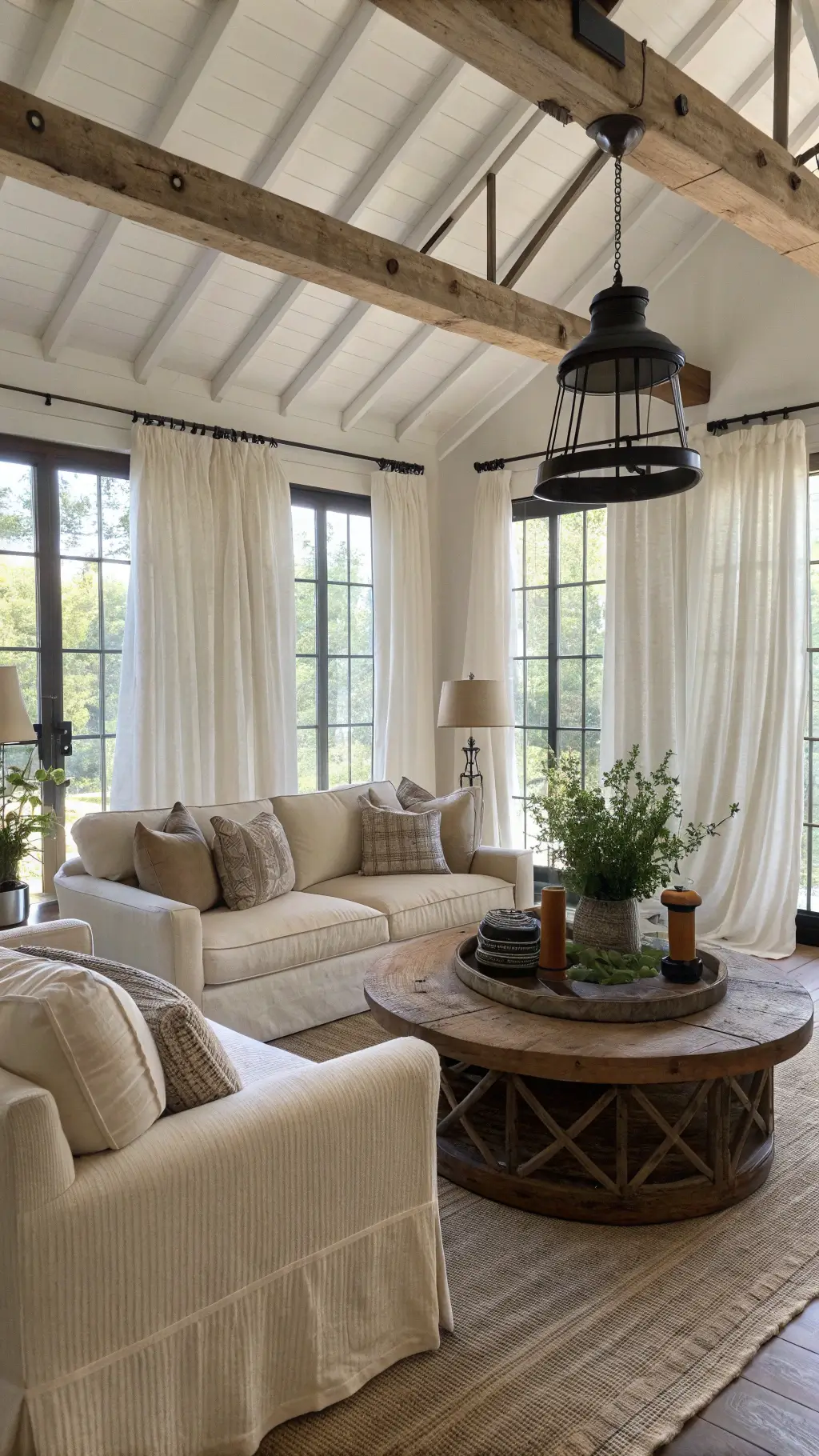 Morning light shining through linen curtains in a modern farmhouse with chunky oatmeal sofa, flax bergère chairs, and large reclaimed barn wood coffee table adorned with antique brass candlesticks and pottery. Whitewashed ceiling beams, iron pendant lighting, and botanical prints in black frames further enhance the space.