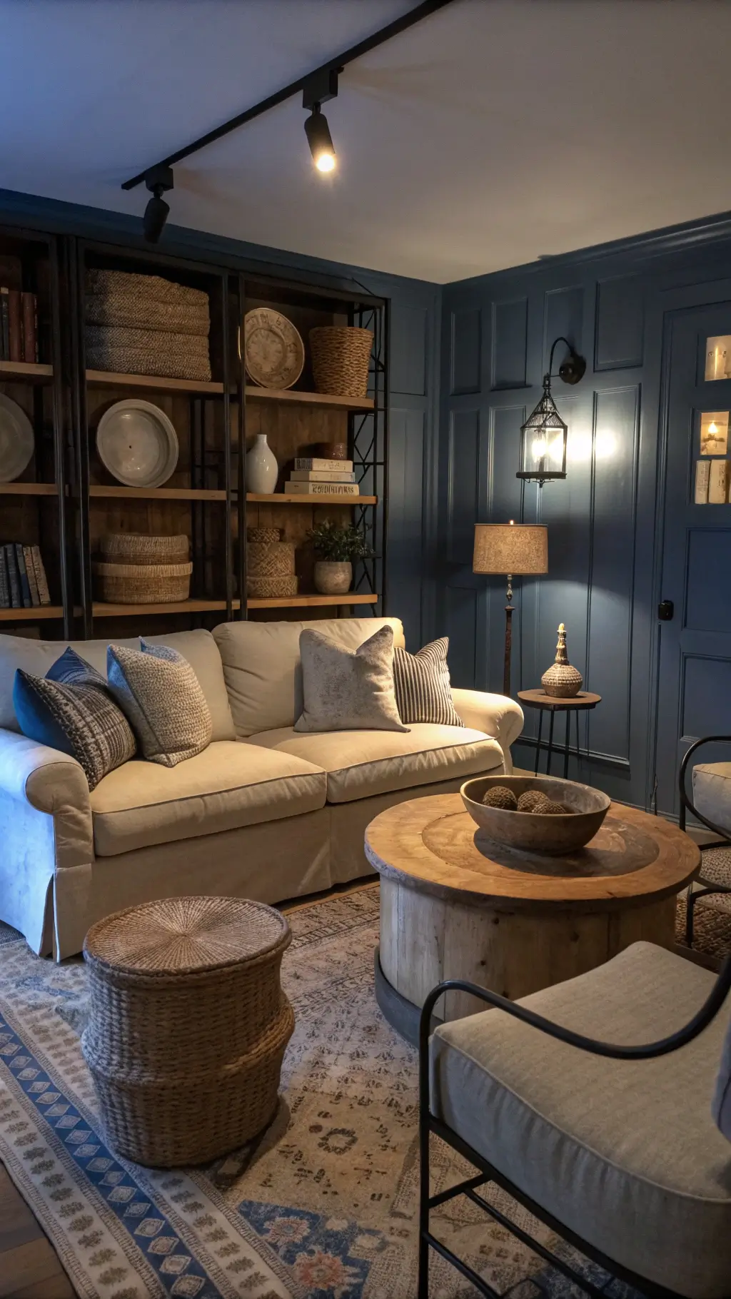 Cozy 14x16ft sitting room at twilight with blue shadows, featuring a petite English roll arm sofa, matching swivel chairs, a round metal and wood coffee table, black iron sconces, ceramic table lamps, wool throws, vintage grain sack pillows, and wooden dough bowls on floating shelves.