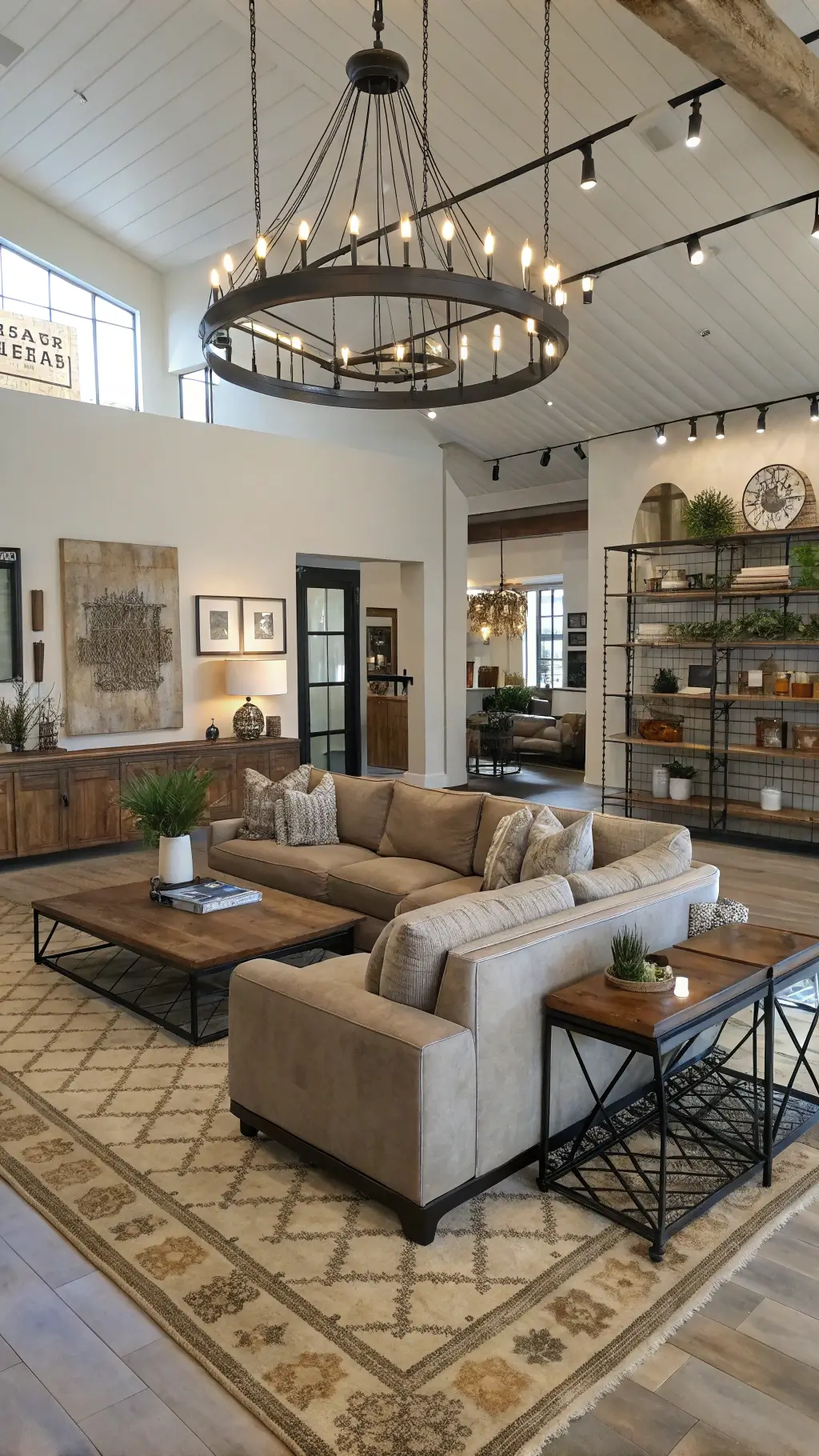 Bird's eye view of a spacious open concept living room with modern and vintage elements, featuring a greige sectional, distressed leather club chairs, a reclaimed wood coffee table, layered vintage rugs, and unique lighting fixtures.