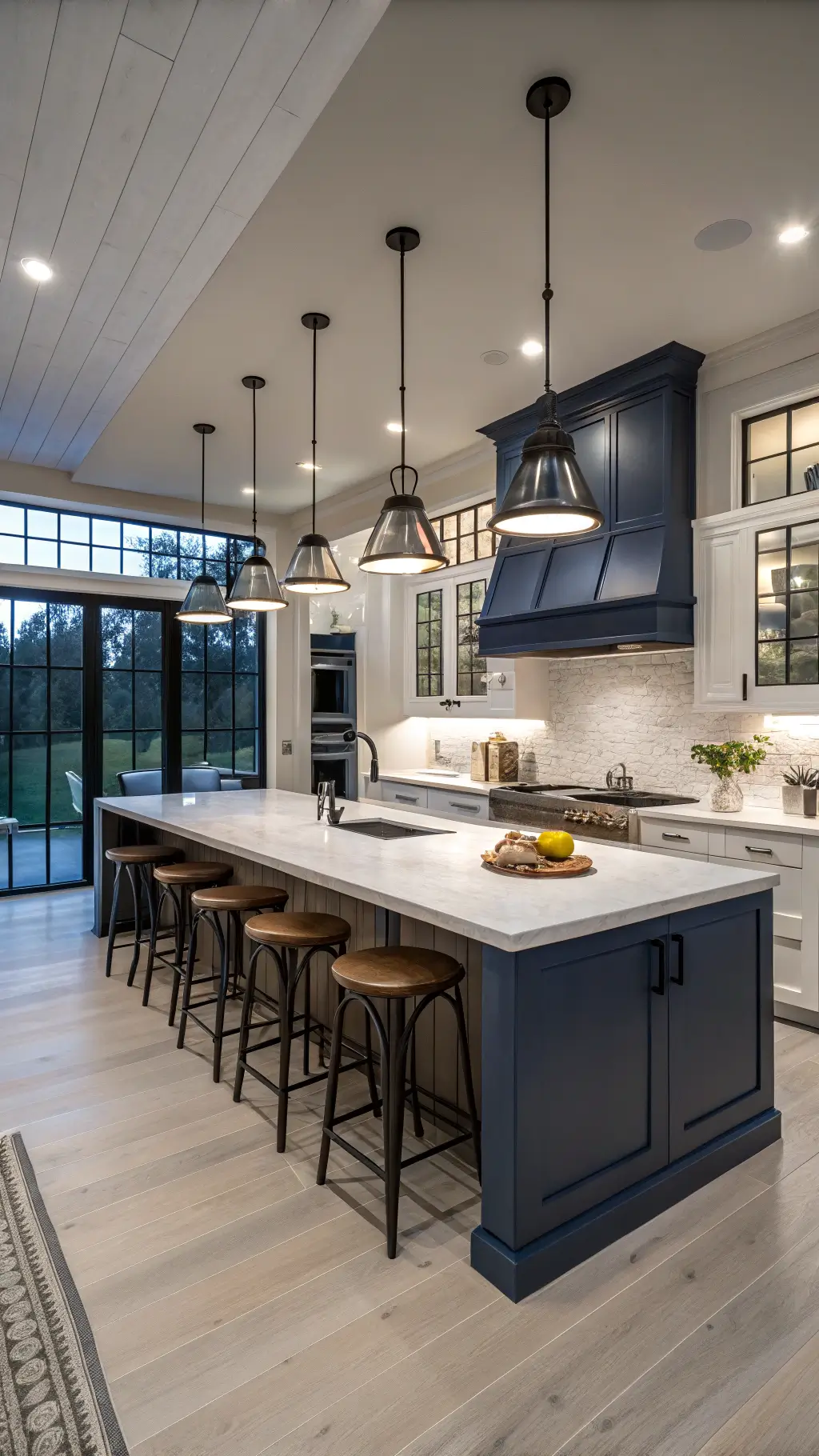 Elevated view of a modern farmhouse kitchen during blue hour, featuring greige walls, a navy blue island with white quartz top, matte black pendant lights, steel-framed windows, white oak floors, and black iron bar stools with vintage bread boards and brass accents.