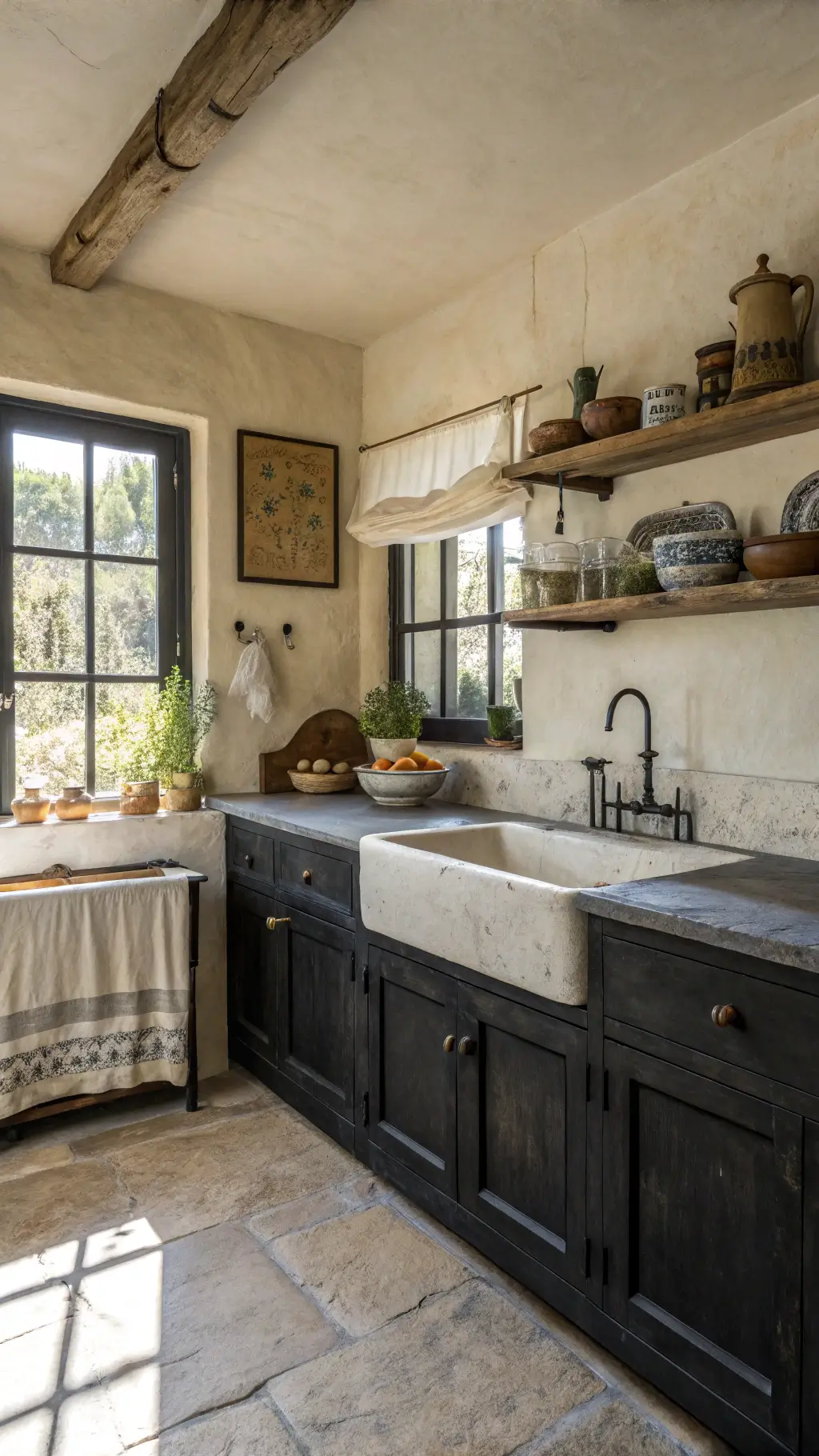 Intimate morning kitchen scene with cream-colored walls, black cabinets, veined soapstone counters, and vintage farmhouse sink, adorned with ironstone pottery and worn cutting boards on open shelving and filtered sunlight through raw linen roman shades.
