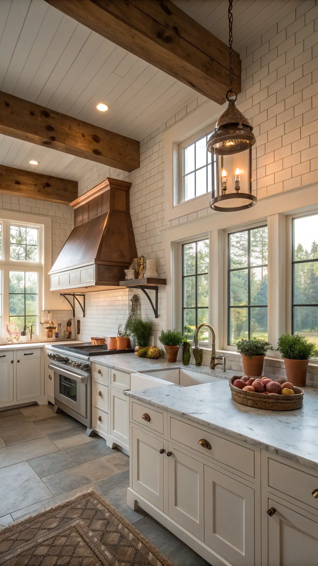 Charming farmhouse kitchen corner in morning light, highlighting zinc range hood, wooden beams, vintage copper pots, marble countertops adorned with crocks and fresh herbs.