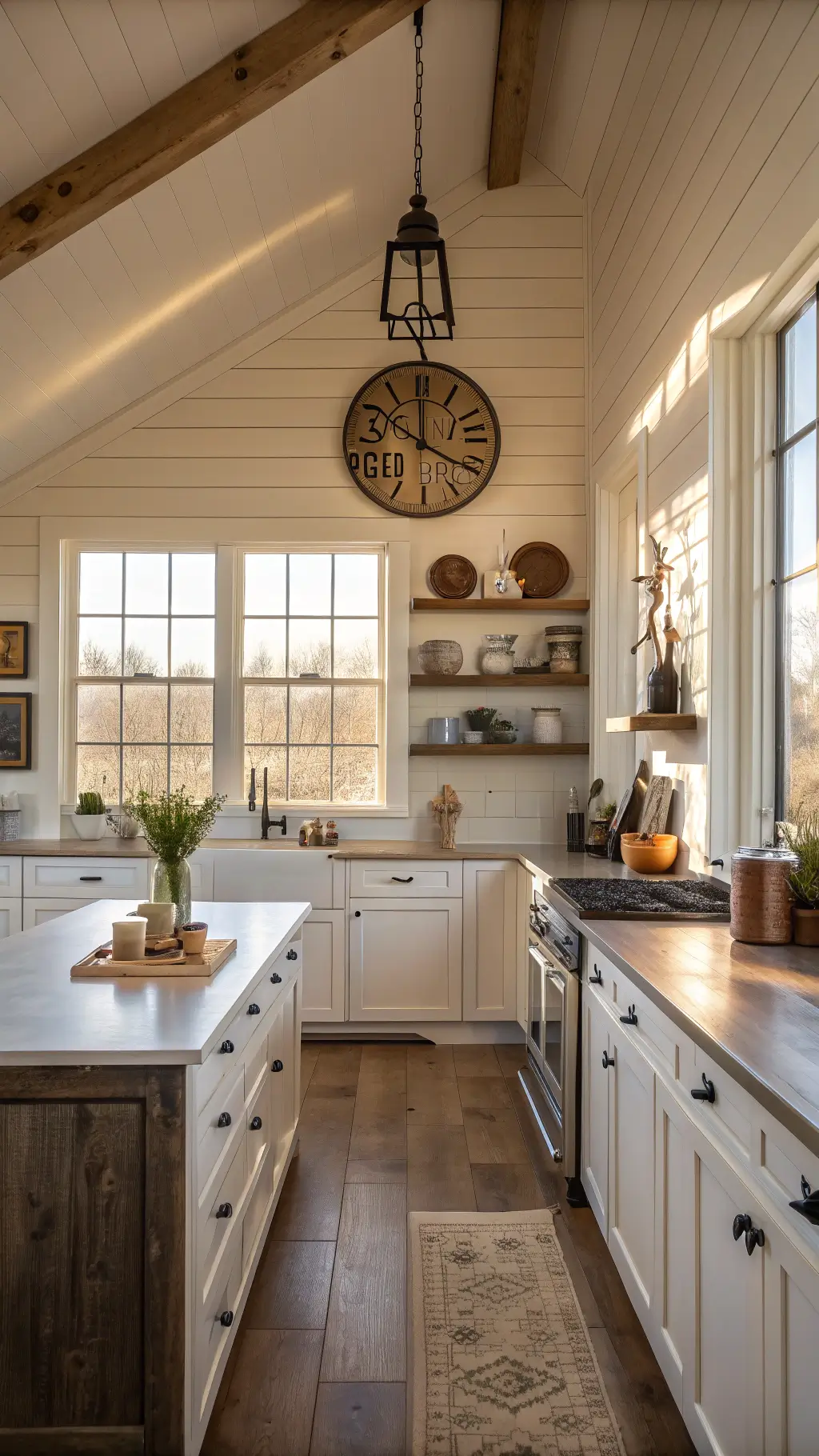 Sunlit farmhouse kitchen with vintage cream cabinets, aged brass wall clock, reclaimed wooden shelves adorned with antique kitchenware, and exposed beams under a cathedral ceiling.