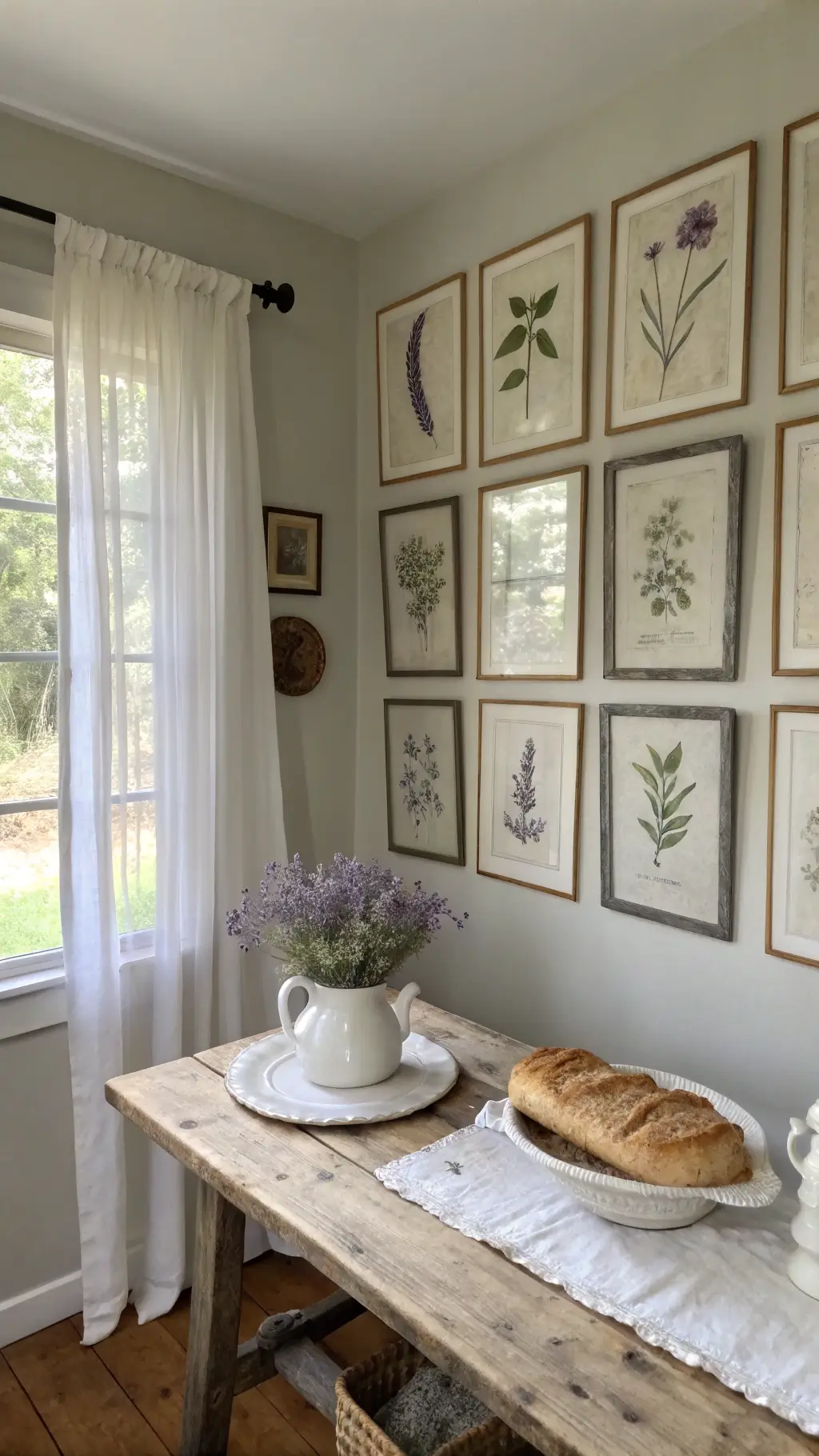 Vintage botanical prints on a greige wall in a cozy kitchen nook with morning light filtering through sheer linen curtains, a farmhouse table with a white vase of fresh lavender, and an antique bread board leaned against the wall, creating a serene and nostalgic atmosphere.
