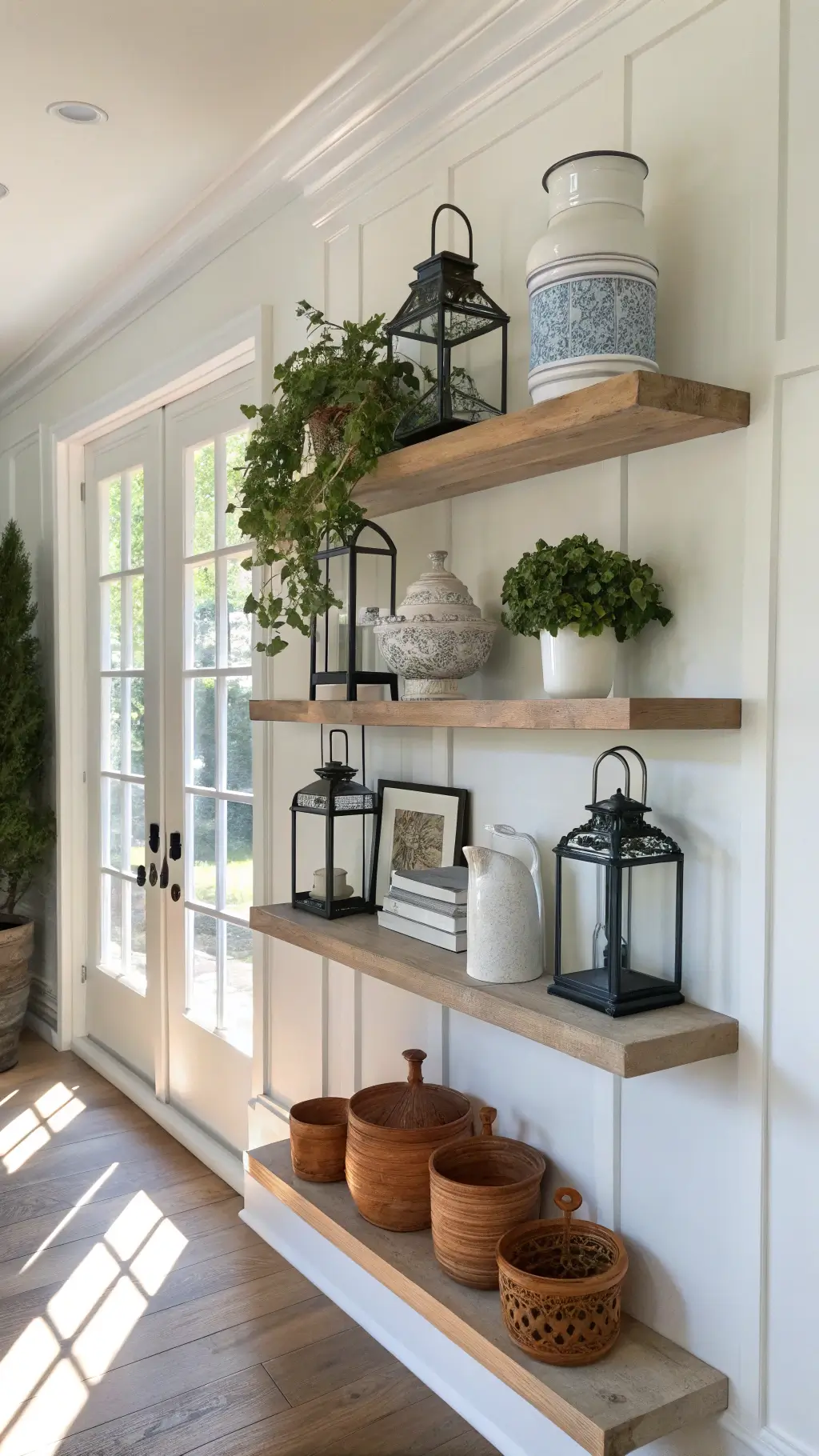 Three white oak floating shelves filled with a mix of antique items and potted ivy on a Simply White wall, dramatically lit by afternoon light.