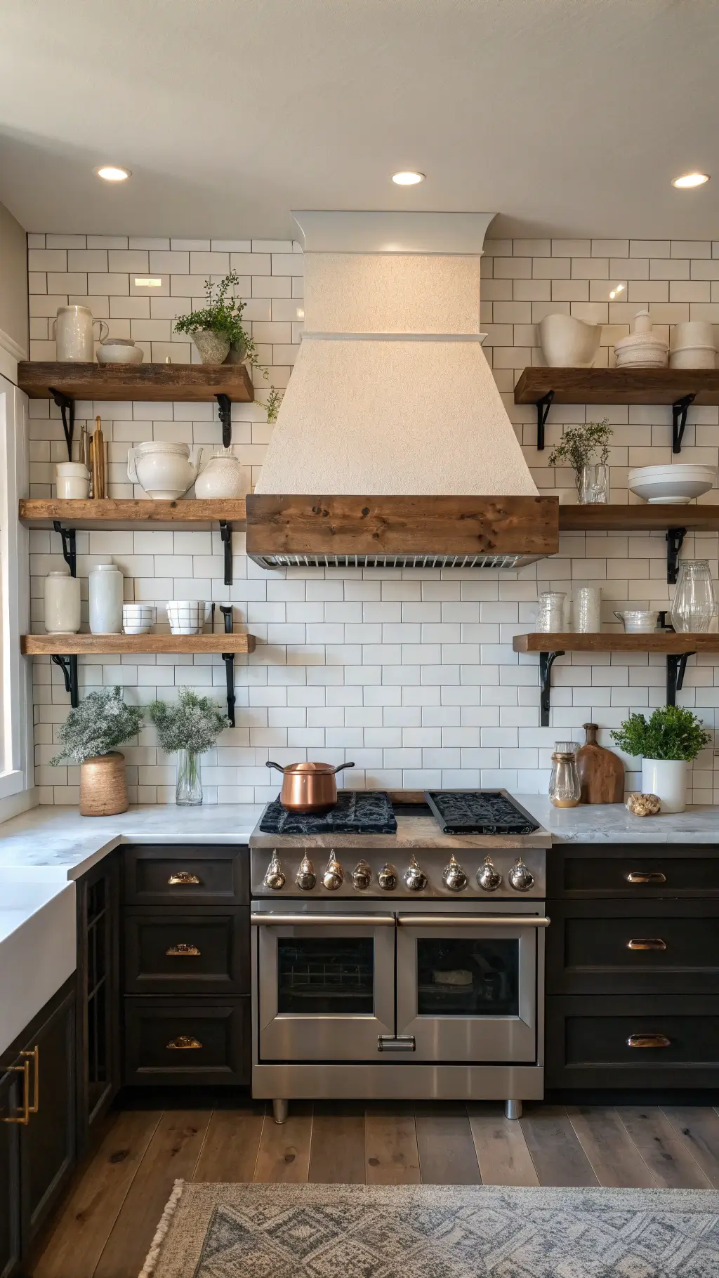 Late afternoon kitchen scene with a centered 36-inch matte black range under a white hood, surrounded by reclaimed barn wood shelves displaying white pottery, copper cookware, preserved herbs against a subway tile backsplash