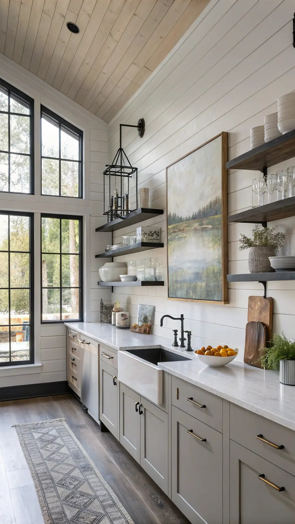 Morning light in modern farmhouse kitchen with high ceiling, minimalist black-framed windows, floating steel shelves and white ceramics, and large abstract canvas with mixed metal finishes.