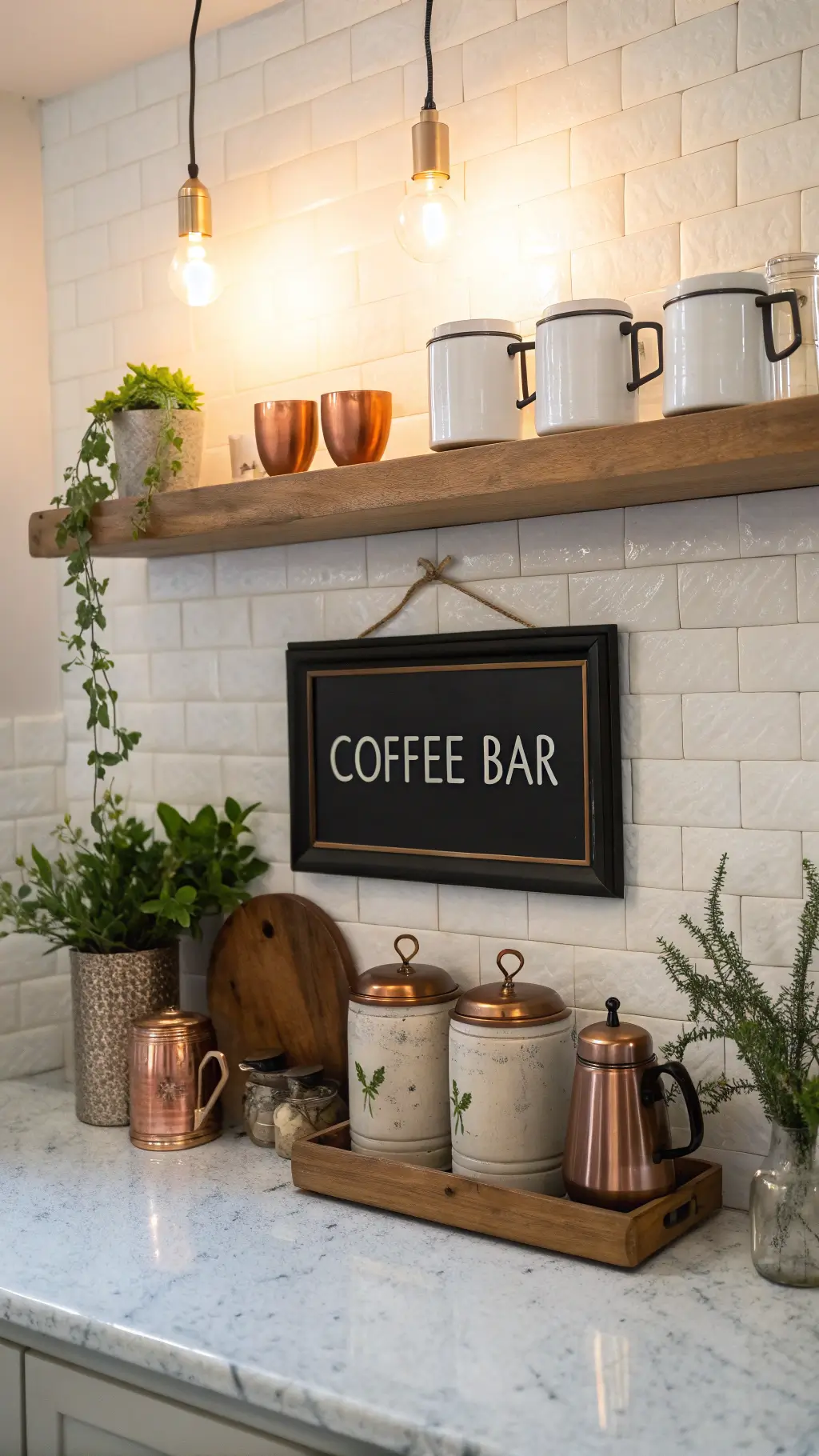 Vintage coffee station featuring black-framed sign, copper accessories, and white marble backsplash under warm pendant lighting, with artisanal mugs on wooden shelf and fresh greenery