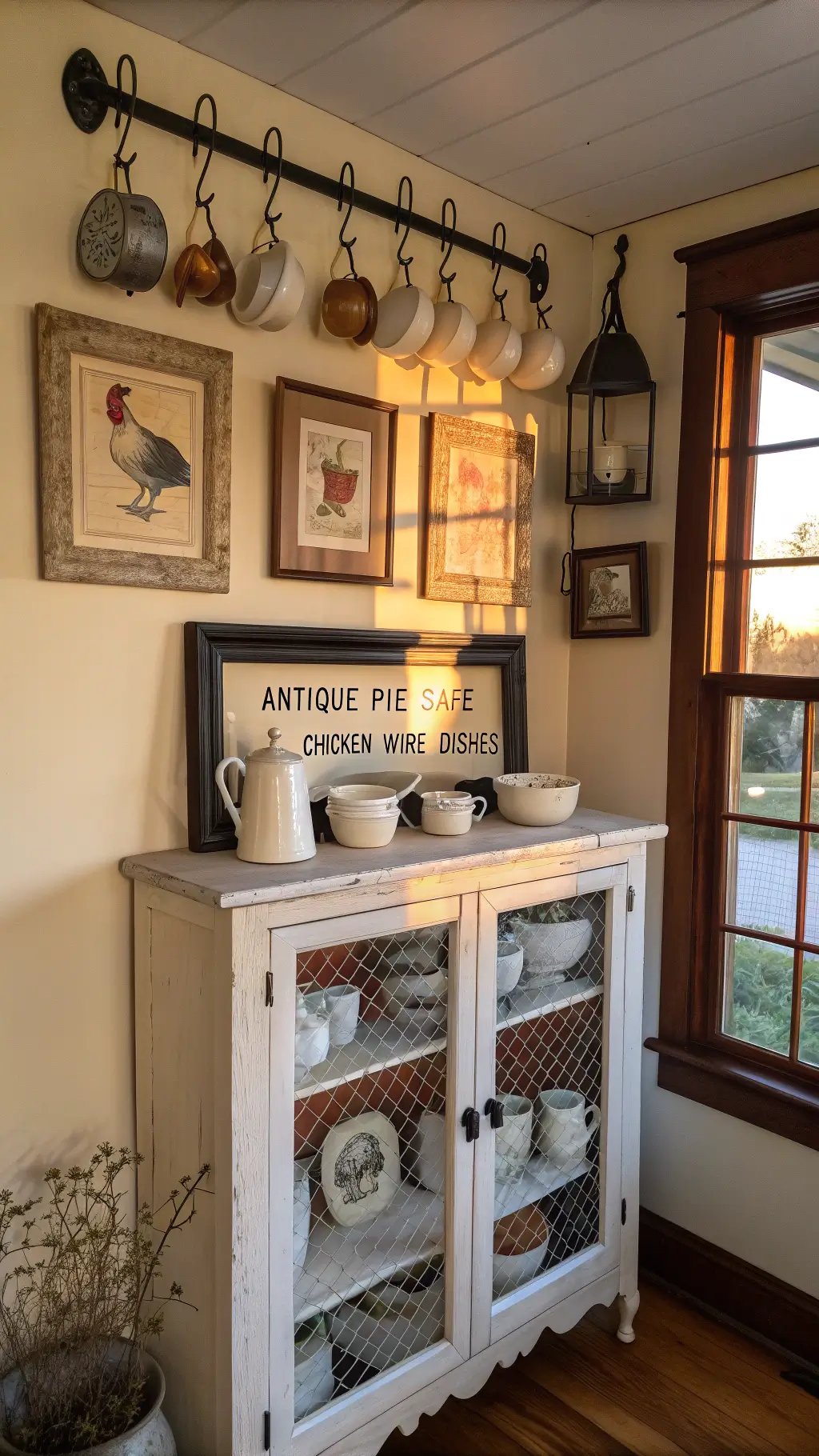 Antique farmhouse kitchen corner with pie safe, white ironstone collection, vintage recipe cards in black frames, and copper measuring cups in warm afternoon light.