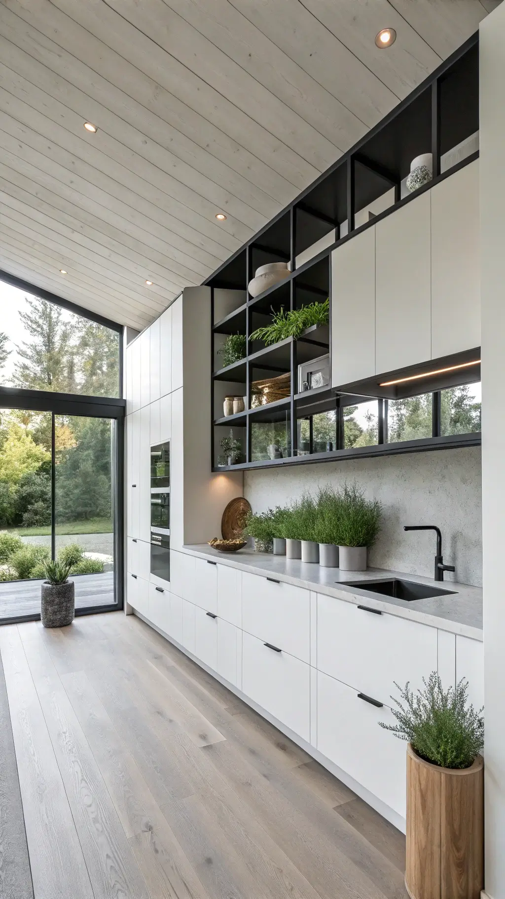Modern farmhouse style interior in bright daylight, featuring white cabinetry, black steel open shelving, and minimalist black and white photography on the wall, with organic elements like concrete planters filled with herbs and matte black pottery