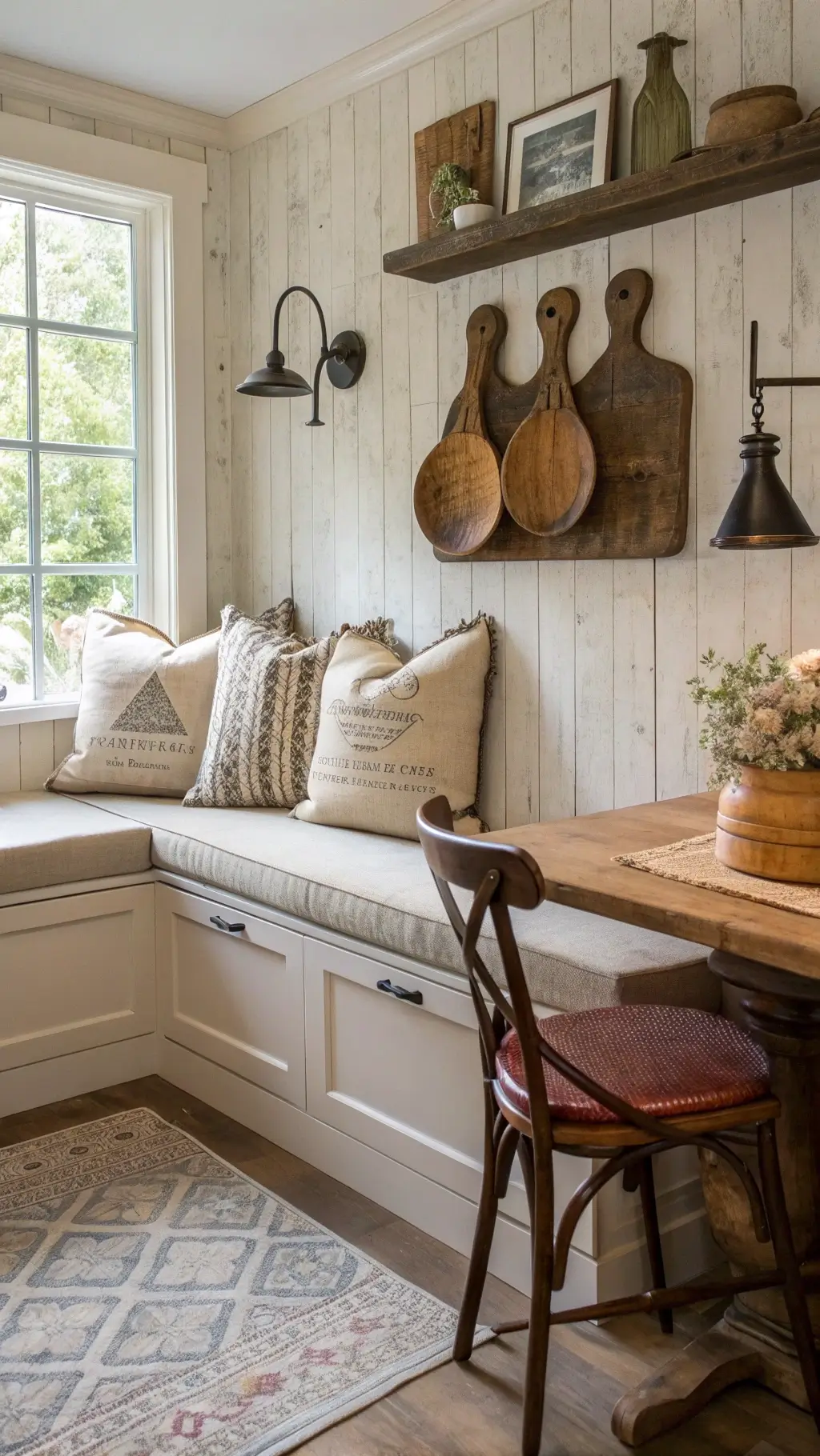 Cozy kitchen reading nook with built-in bench, vintage grain sack cushions, antique bread board wall decor and a weathered leather chair in soft afternoon light