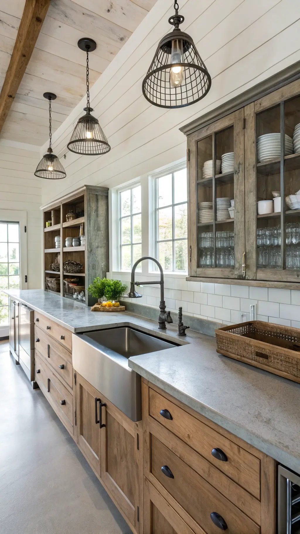 High angle view of a professional-style farmhouse kitchen with stainless sink, concrete countertops, reclaimed wood shelving and metal-glass storage, lit up under bright midday light.