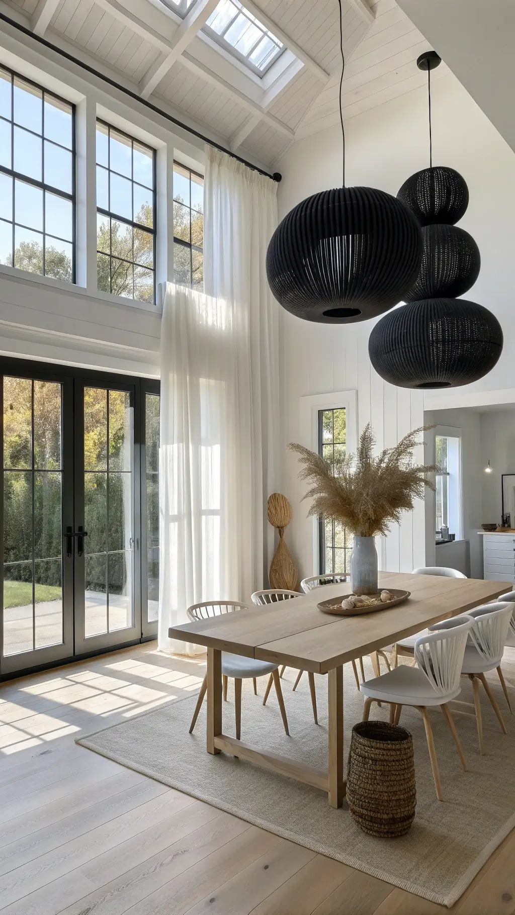 Serene Japandi-style dining room with high ceilings, large windows, matte black paper lantern pendants over a natural oak table, and minimal decor featuring a pottery vase with dried pampas grass.