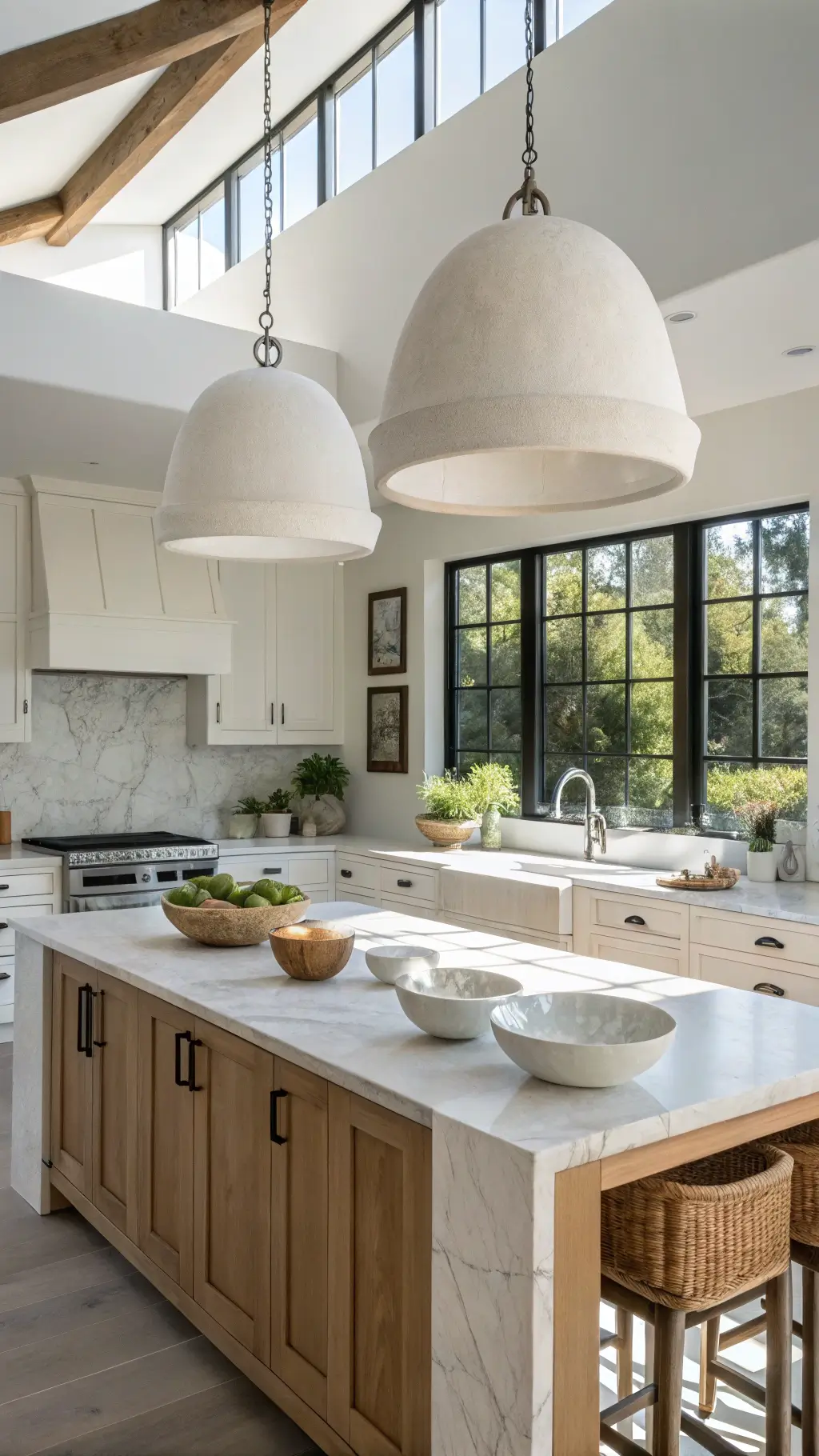 Modern kitchen island with white oak cabinetry and veined marble countertop, lit by two large chalk white Japandi pendant lights and natural skylight. Daylight and warm pendant lighting illuminate ceramic bowls and a cutting board below.