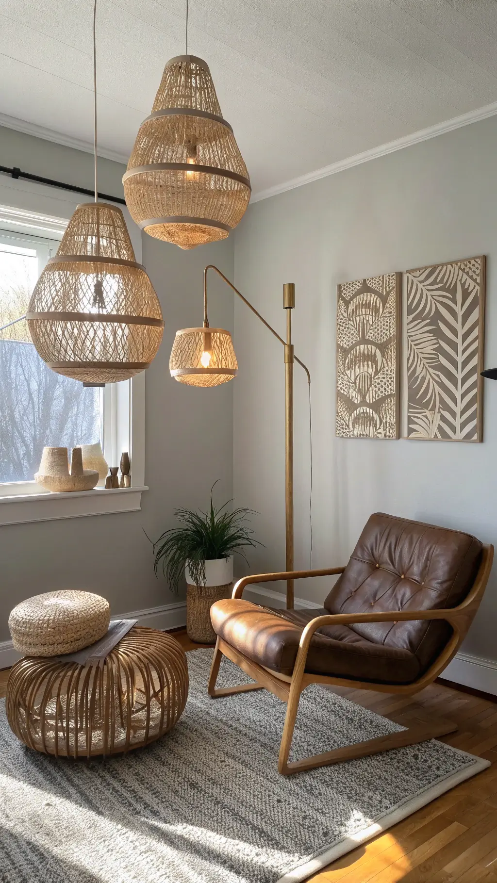 Cozy minimalist living room corner lit by golden hour sunlight and three rattan Japandi pendants, casting shadows on light gray walls. Below, a low-profile leather chair is illuminated by a slim brass floor lamp, all atop a textured oatmeal wool rug.