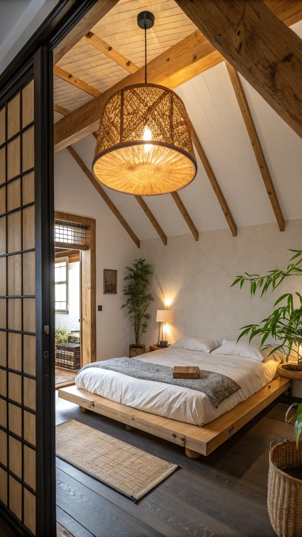 Zen-inspired bedroom with exposed wooden beams, large wooden drum pendant light, platform bed with natural linen, potted bamboo, black metal floor mirror, and textured grasscloth accent wall in warm white.