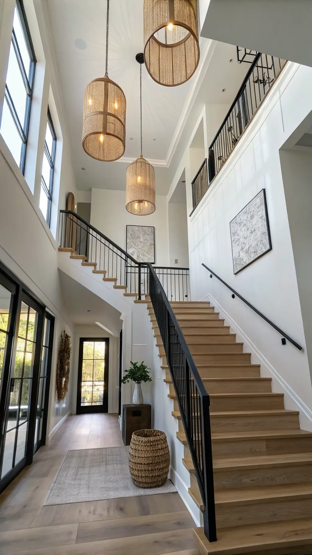 Contemporary entryway with high ceiling, floating staircase with black railings and pale oak treads, Japandi pendants and minimal wall art, bathed in late morning light from clerestory windows.