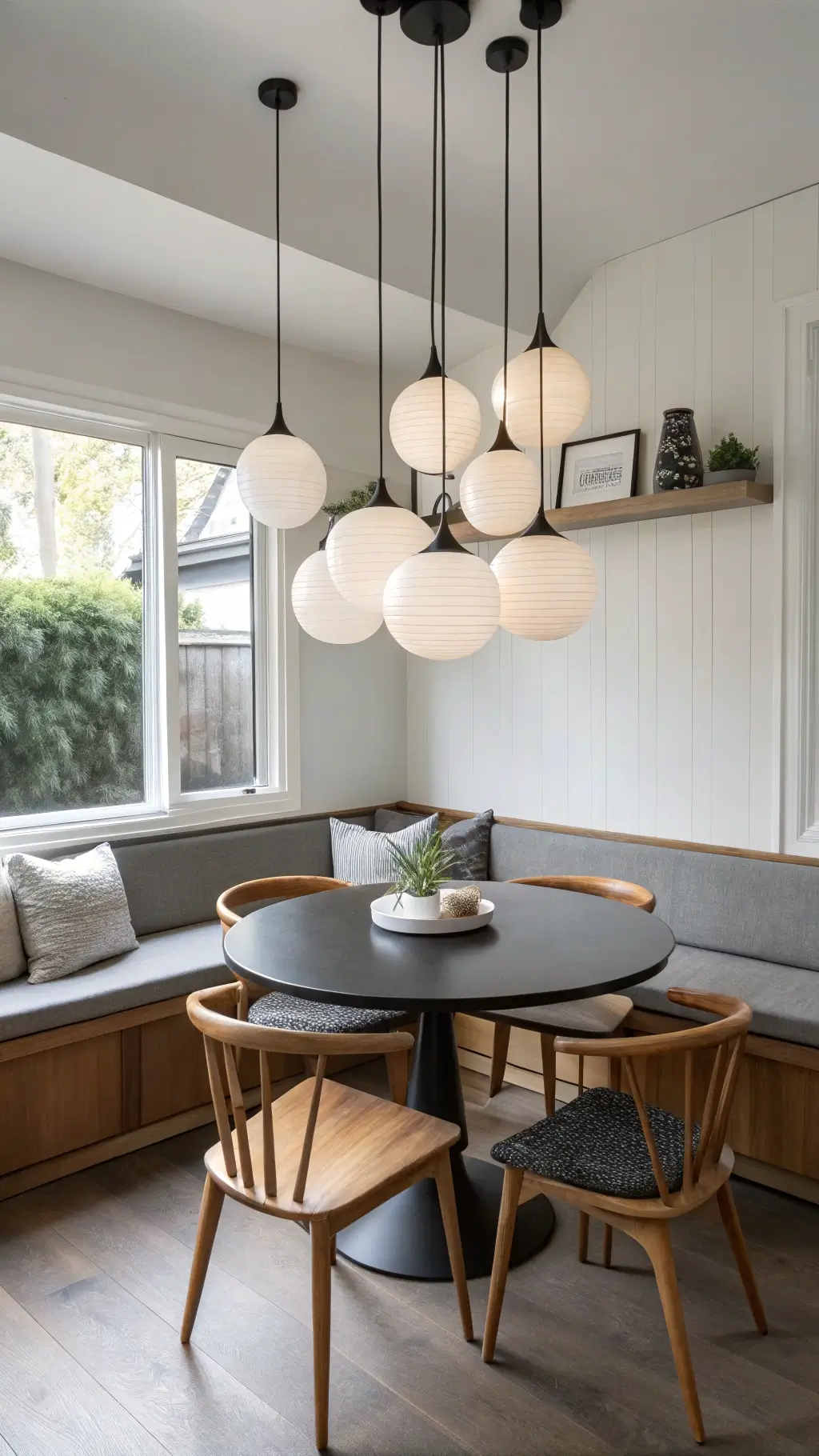 Japandi style open concept dining nook with frosted glass pendants, black round dining table, wooden chairs, gray cushioned built-in bench and ceramic tableware, in soft overcast daylight.