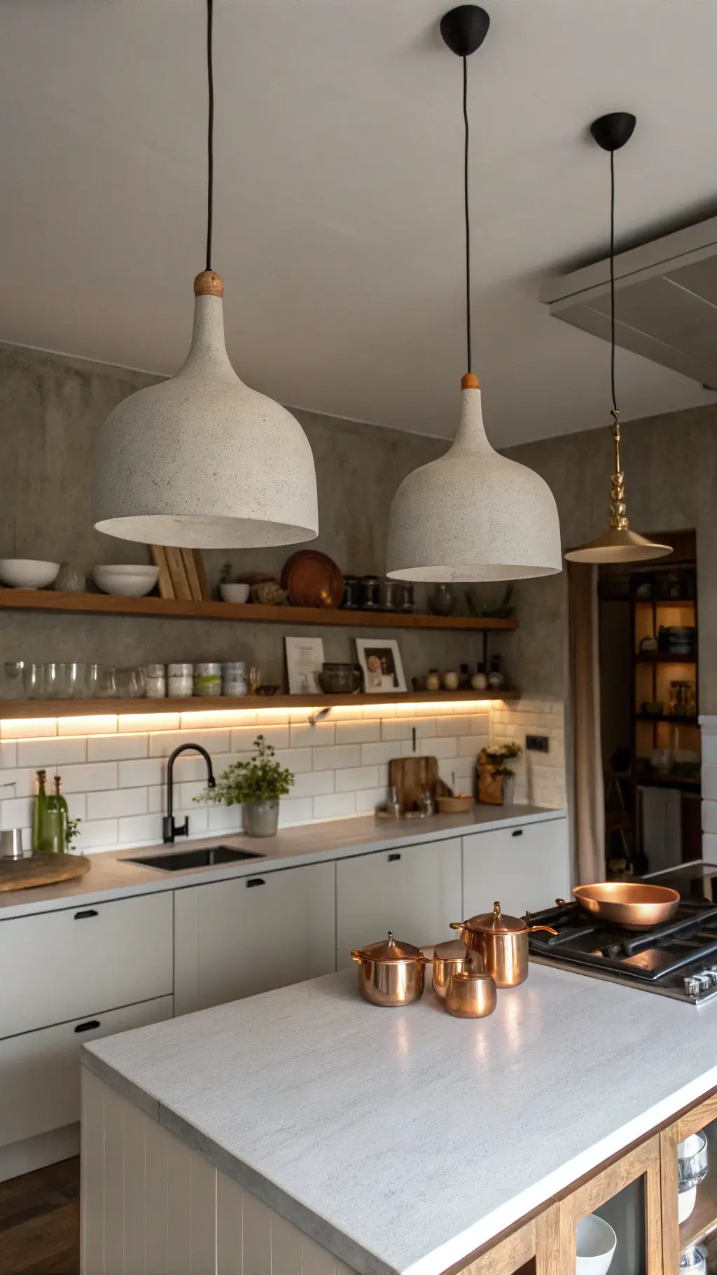 Muted Japandi-style kitchen in a studio apartment, featuring gray pendant lights above a peninsula, concrete countertops, and white oak shelving accentuated by copper cookware and earthenware vessels under soft 2700K lighting.