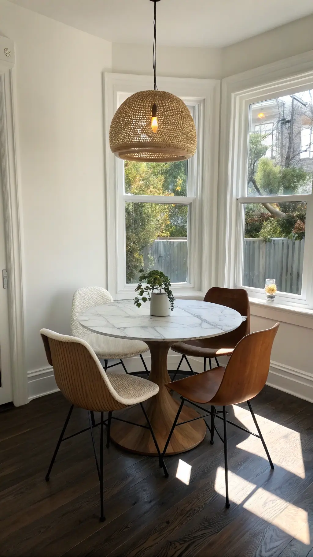 Cozy 10x12ft Japandi-style breakfast nook with afternoon light illuminating four Afteroom chairs around a marble-top table, contrasted by minimalist white walls and dark slate flooring with intricate shadows from a handwoven pendant.