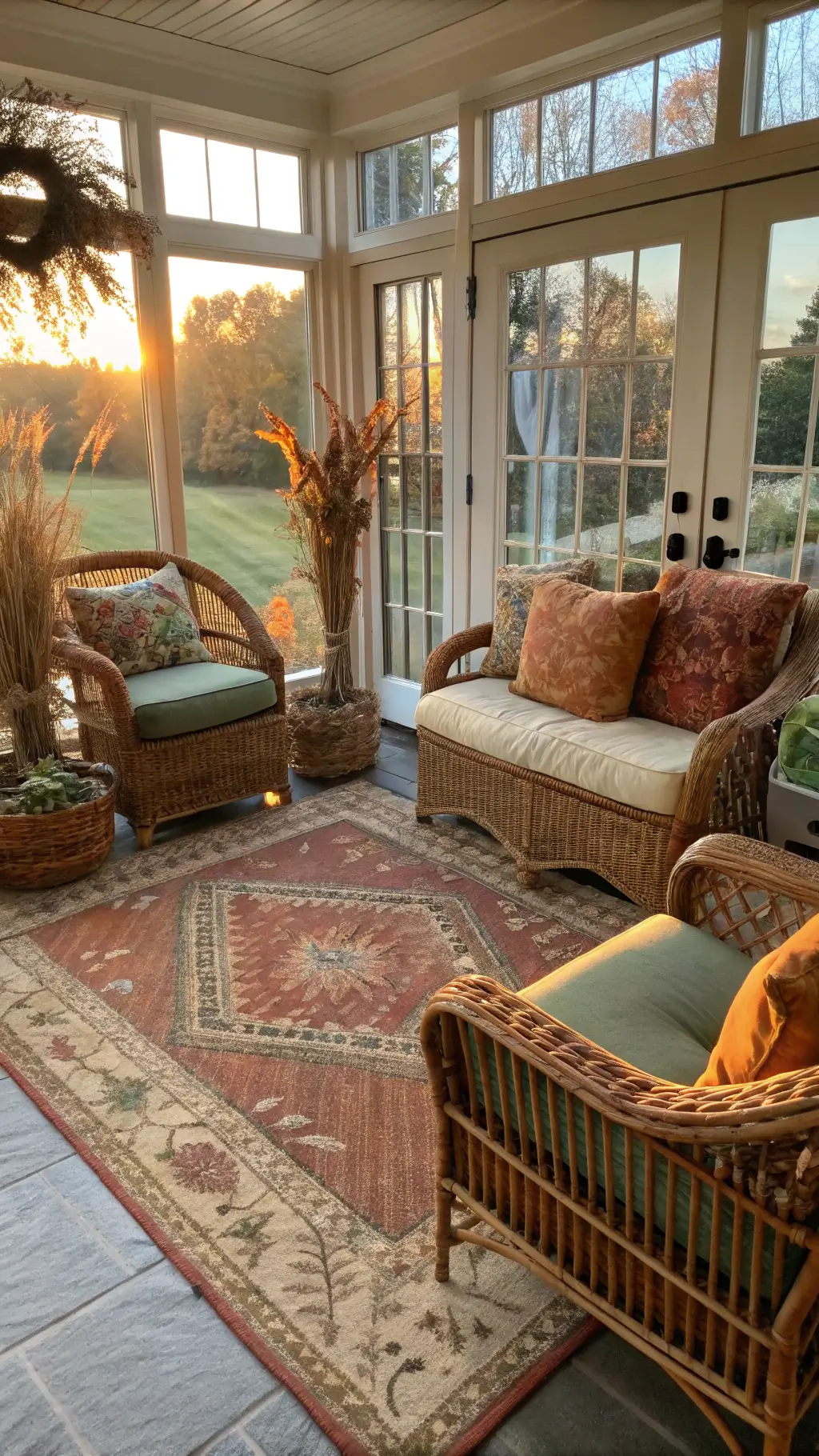 Sun-drenched serene 12x14ft sunroom featuring vintage rattan furniture, terracotta and sage cushions, oversized floor baskets filled with dried naturals, and a vintage Persian rug in faded autumn tones.