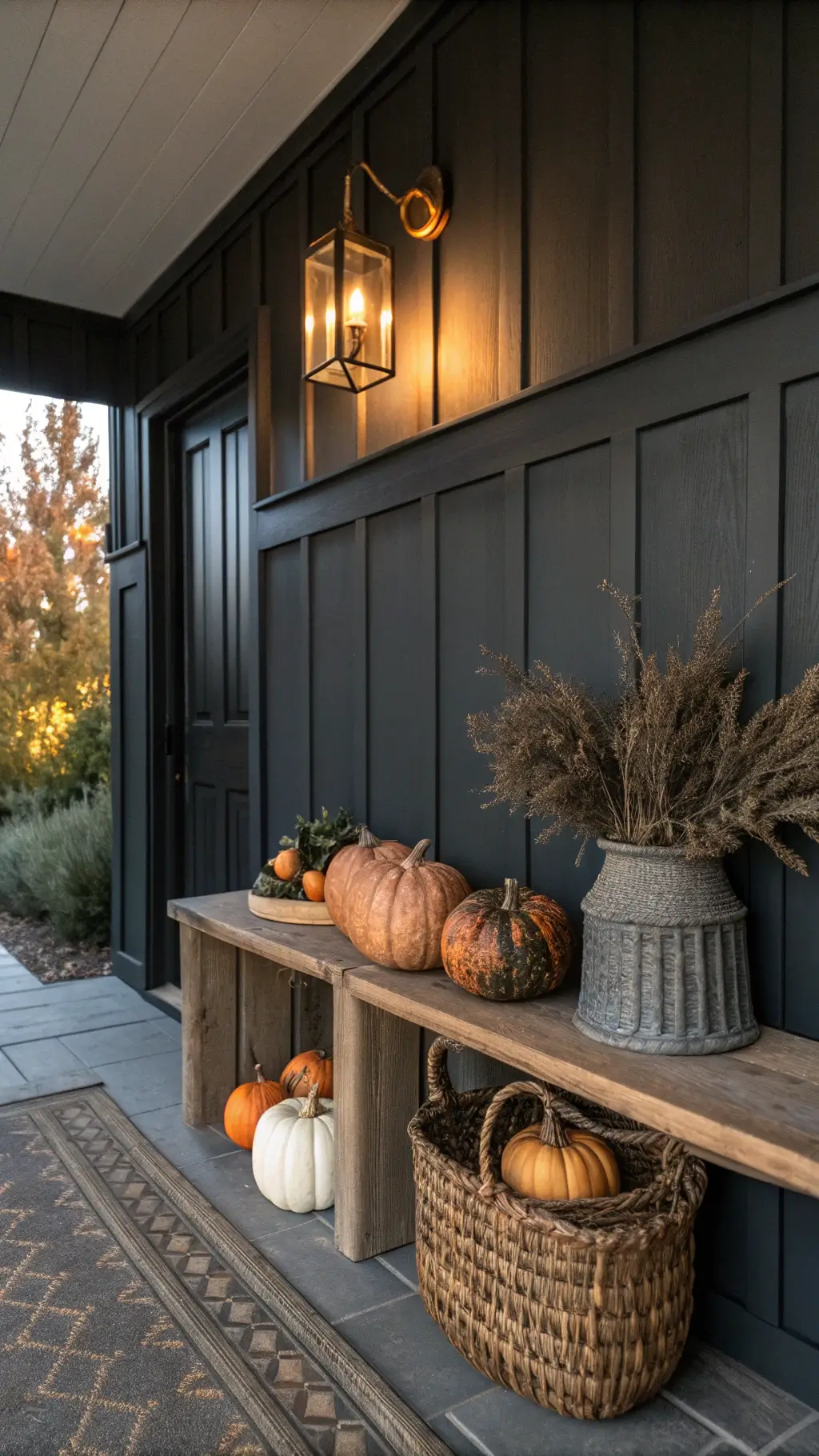 Intimate entryway at dusk with charcoal board and batten walls, vintage brass sconce, weathered oak console, velvet and ceramic pumpkins, seagrass basket, bouclé bench, and dried eucalyptus garland.