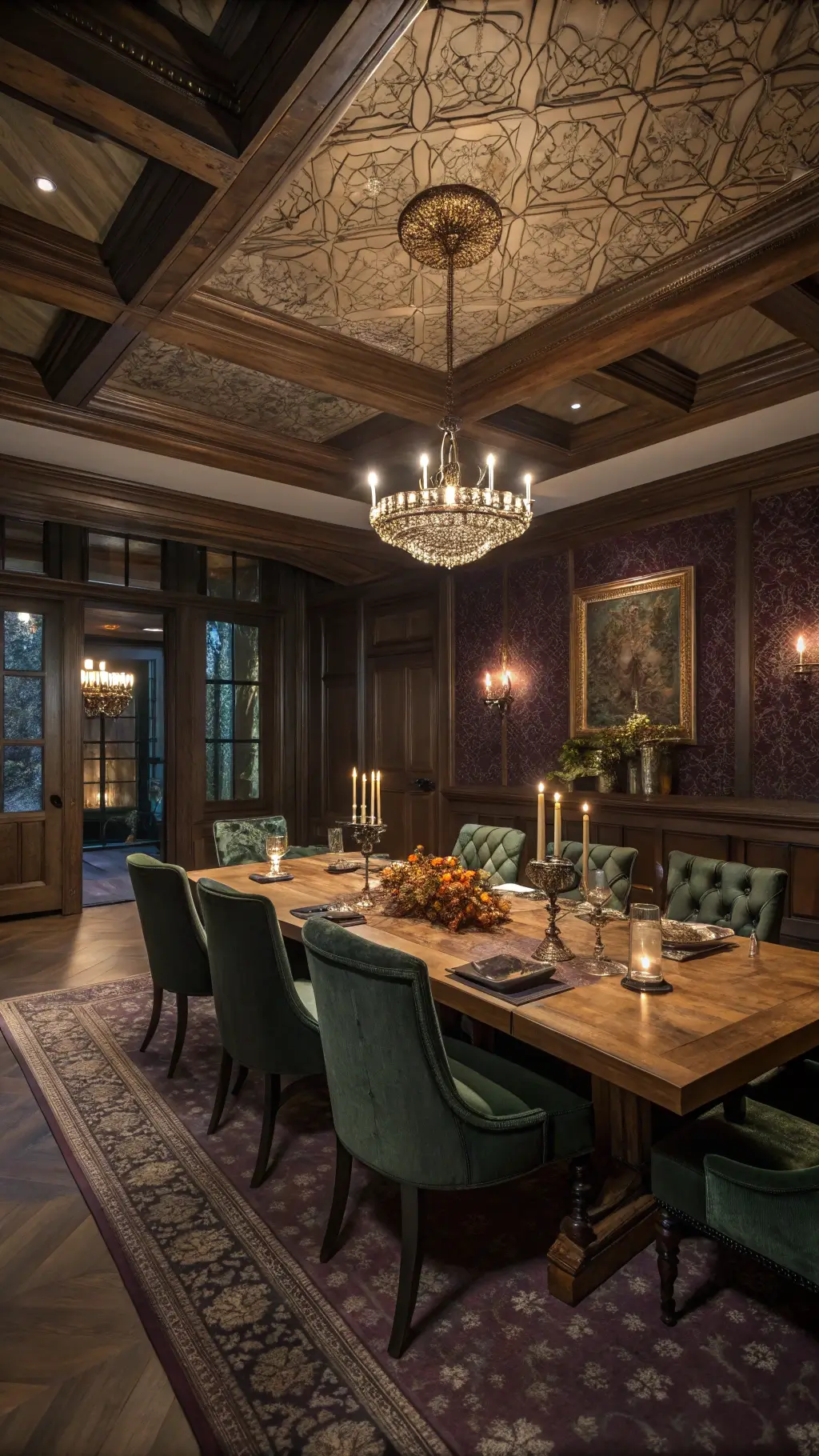 Dramatic twilight dining room with coffered ceilings, an oversized reclaimed wood table adorned with autumn leaves and brass candlesticks, bouclé chairs in deep olive against plum wallpaper, lit by a crystal chandelier