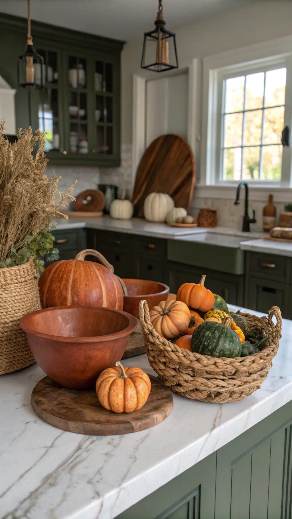 Artisanal ceramic bowls filled with heirloom pumpkins and gourds on a marble waterfall island in a rustic-styled kitchen bathed in afternoon light with copper cookware, dried herb bundles, and woven baskets on dark olive cabinets.