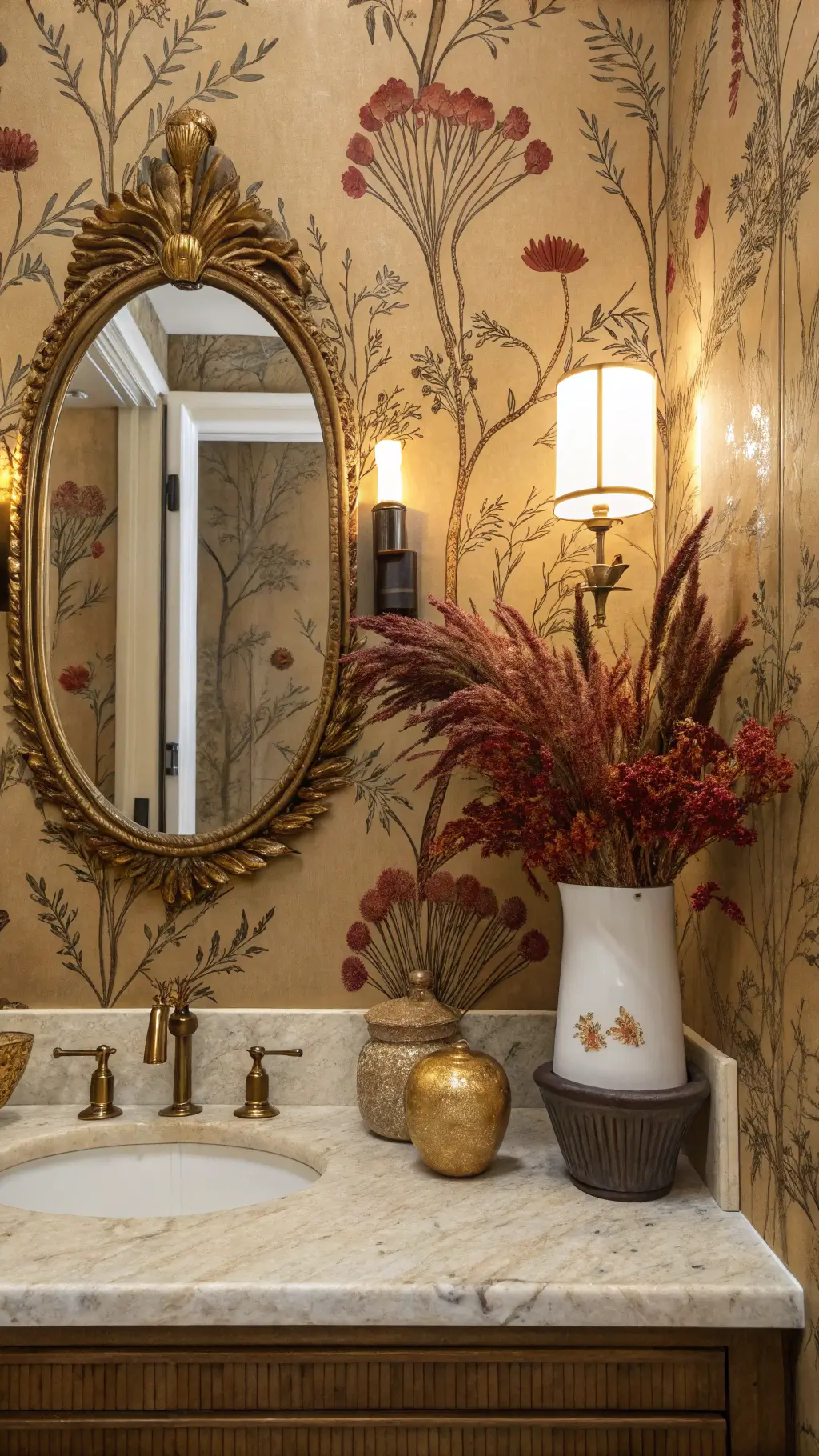 Antique brass mirror reflecting botanical wallpaper in a midday-lit powder room featuring marble counter with ceramic vessels, dried burgundy florals, vintage sconces and textured grasscloth walls.