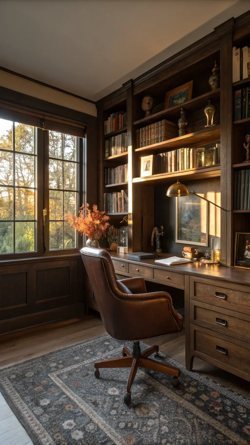 Cozy home office corner with floor-to-ceiling bookshelves filled with vintage books and brass objects, under late afternoon light; features include a leather desk chair, dried oak leaves in crystal vases and a deep charcoal wool carpet.