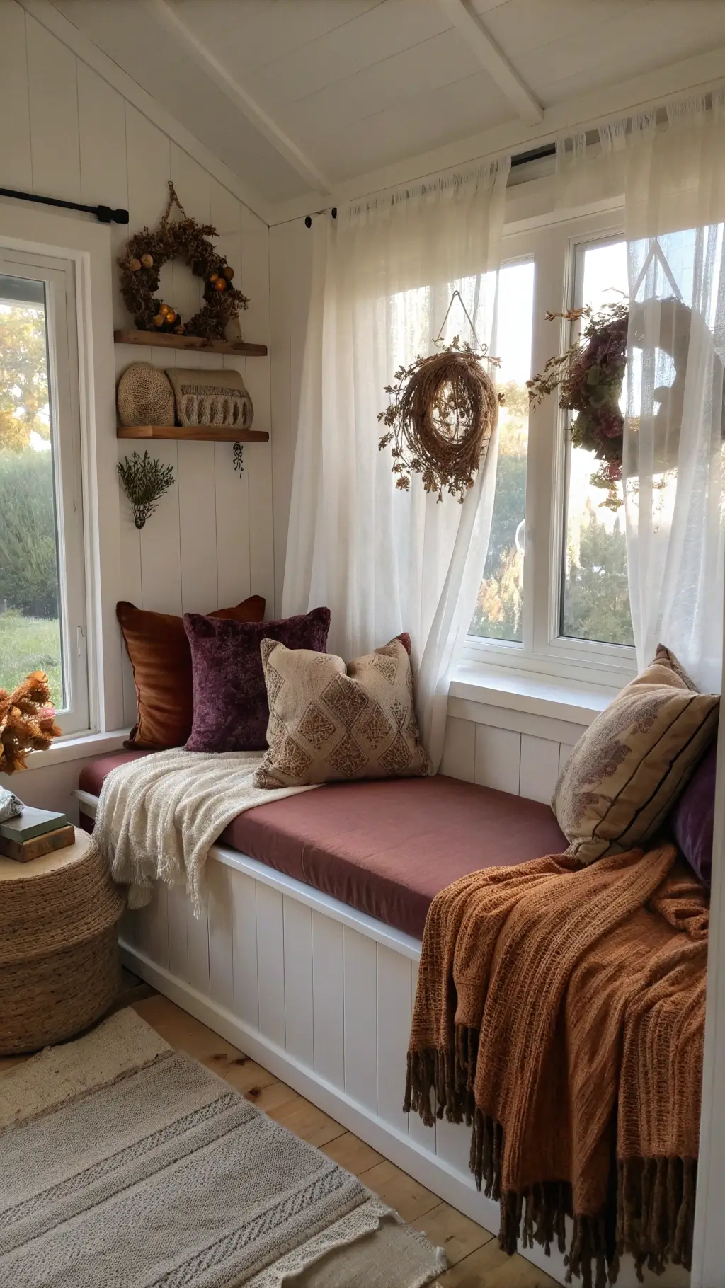 Dawn light streaming through sheer linen panels in a serene 8x10ft guest bedroom alcove with cozy built-in window seat adorned with rust and plum velvet cushions, handwoven throw blankets, and dried flower wreaths on the wall.