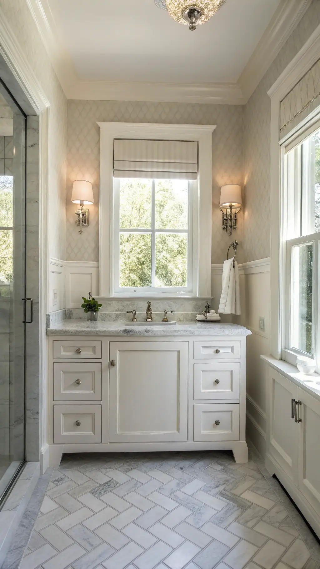 Elegant 5x8' bathroom featuring traditional crown molding, wall-mounted marble vanity with polished nickel hardware, herringbone tile floor in warm gray and white, and a built-in medicine cabinet with an antiqued mirror, lightly lit by morning sunlight through privacy window film.