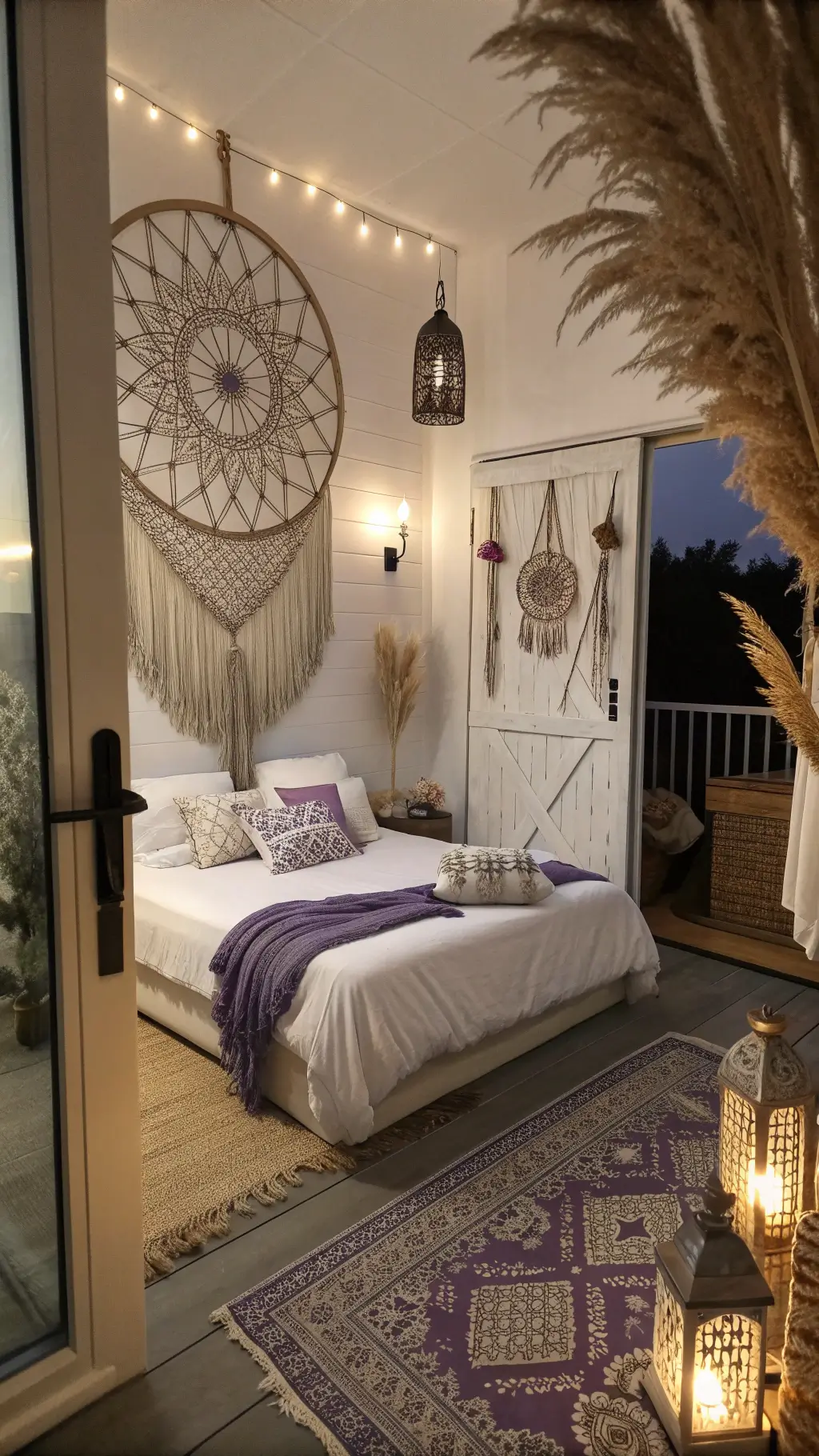 Bohemian styled 14x16ft bedroom at twilight with dream catcher above bed, Moroccan lanterns, dried pampas grass, and meditation area with floor cushions as shot from the doorway.