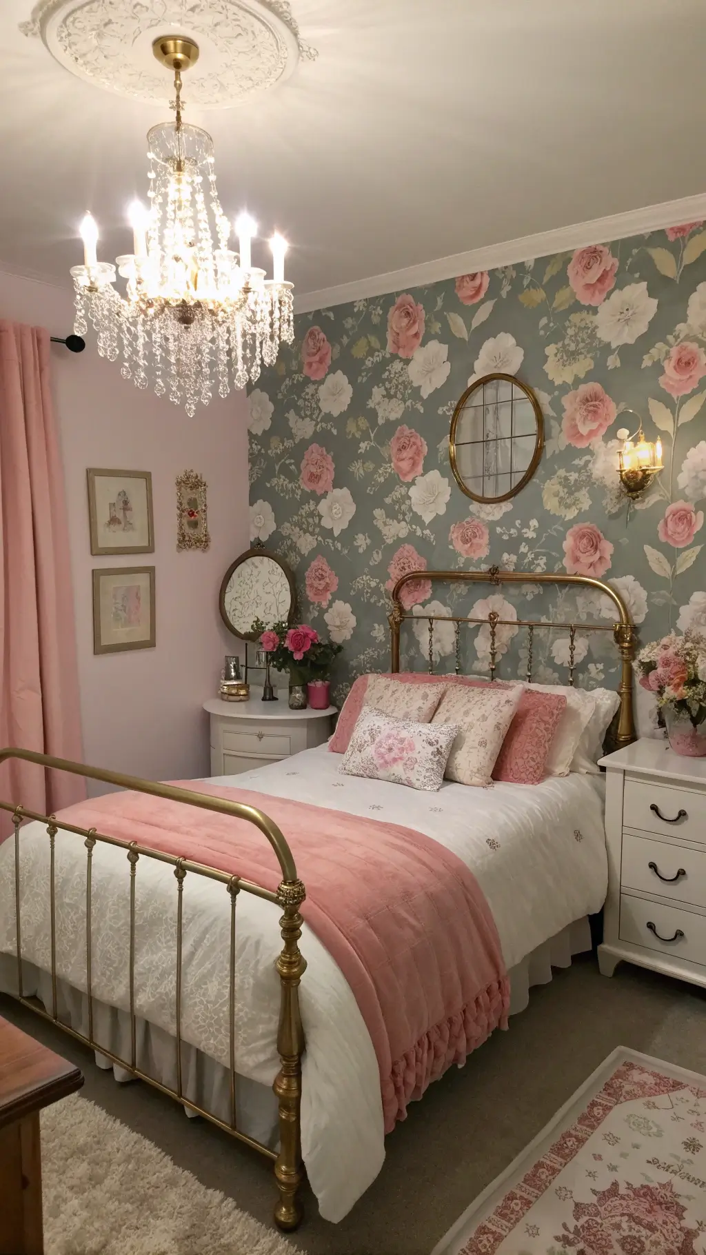 Vintage brass bed with white and pink linens in whimsical 16x18ft bedroom at dusk, with oversized floral wallpaper, crystal chandelier, and antique vanity.