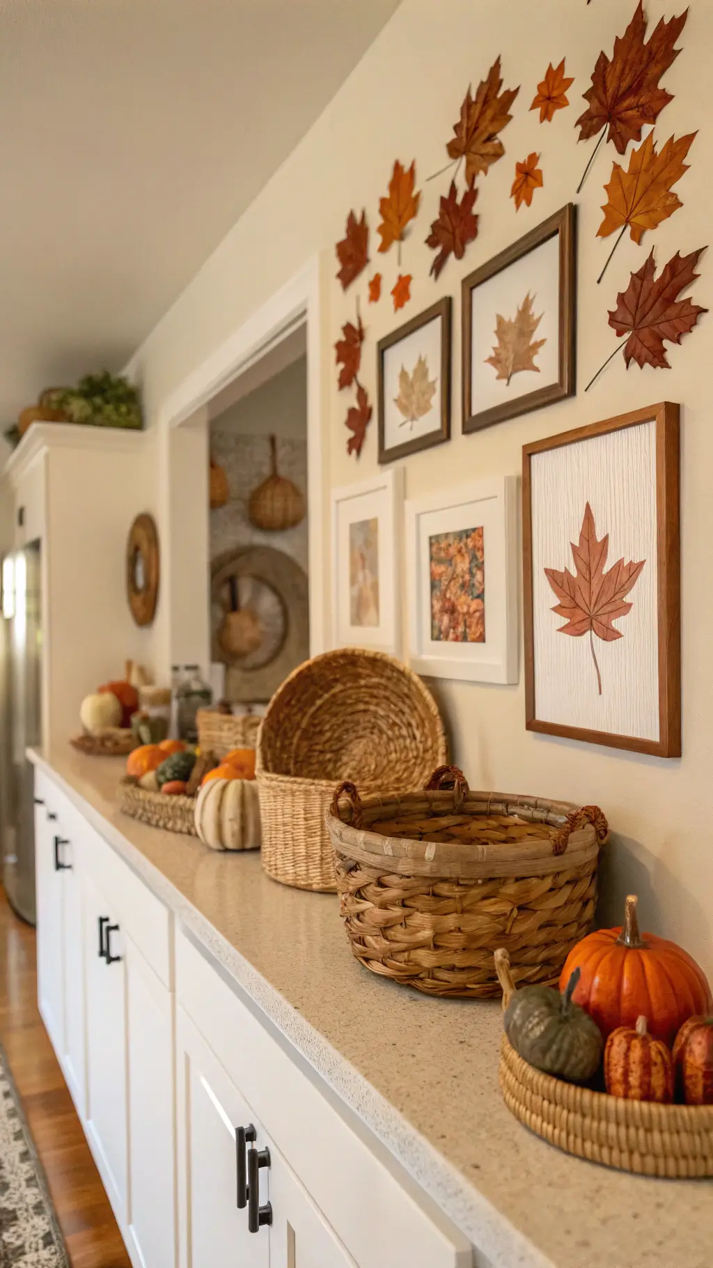 Sunrise casting light on a fall-themed kitchen wall decorated with woven baskets, metallic pumpkin sculptures, and framed maple leaves against cream-colored walls.