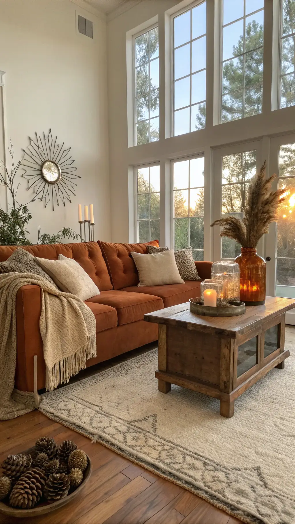 Wide-angle shot of a spacious living room with golden hour sunlight, featuring a velvet sofa with knit throws, hardwood floors, mason jar candle holders on a reclaimed wood table, and natural decorations on a vintage vase