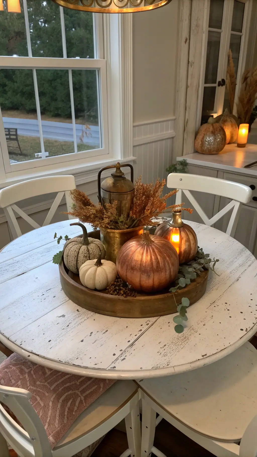 Rustic pumpkin centerpiece with metallic copper finish on weathered wooden table in intimate farmhouse dining room during magic hour