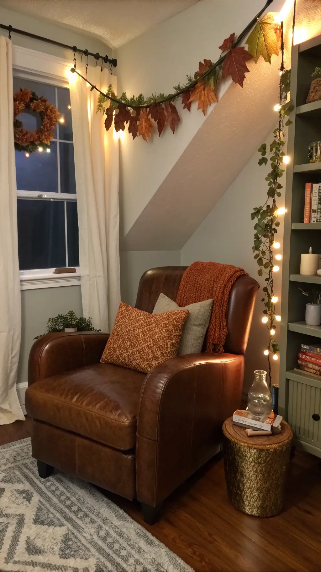 Cozy reading corner at dusk featuring a leather armchair, fall-themed pillows, a DIY leaf garland on a floating bookshelf, ambient mason jar lights, and a sheepskin rug against dark hardwood floors in a 12x14ft master bedroom.