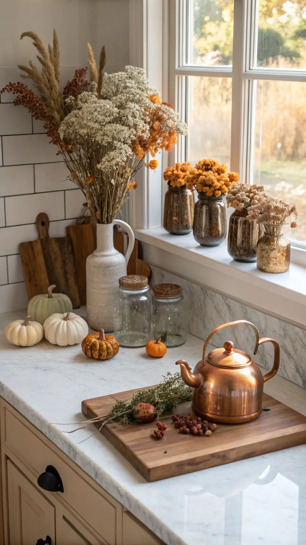 Overhead shot of marble kitchen countertop with arrangements of mason jars filled with dried fall flowers, a copper kettle, wooden cutting boards, scattered acorns and small pumpkins in a sunlit 6x8ft space